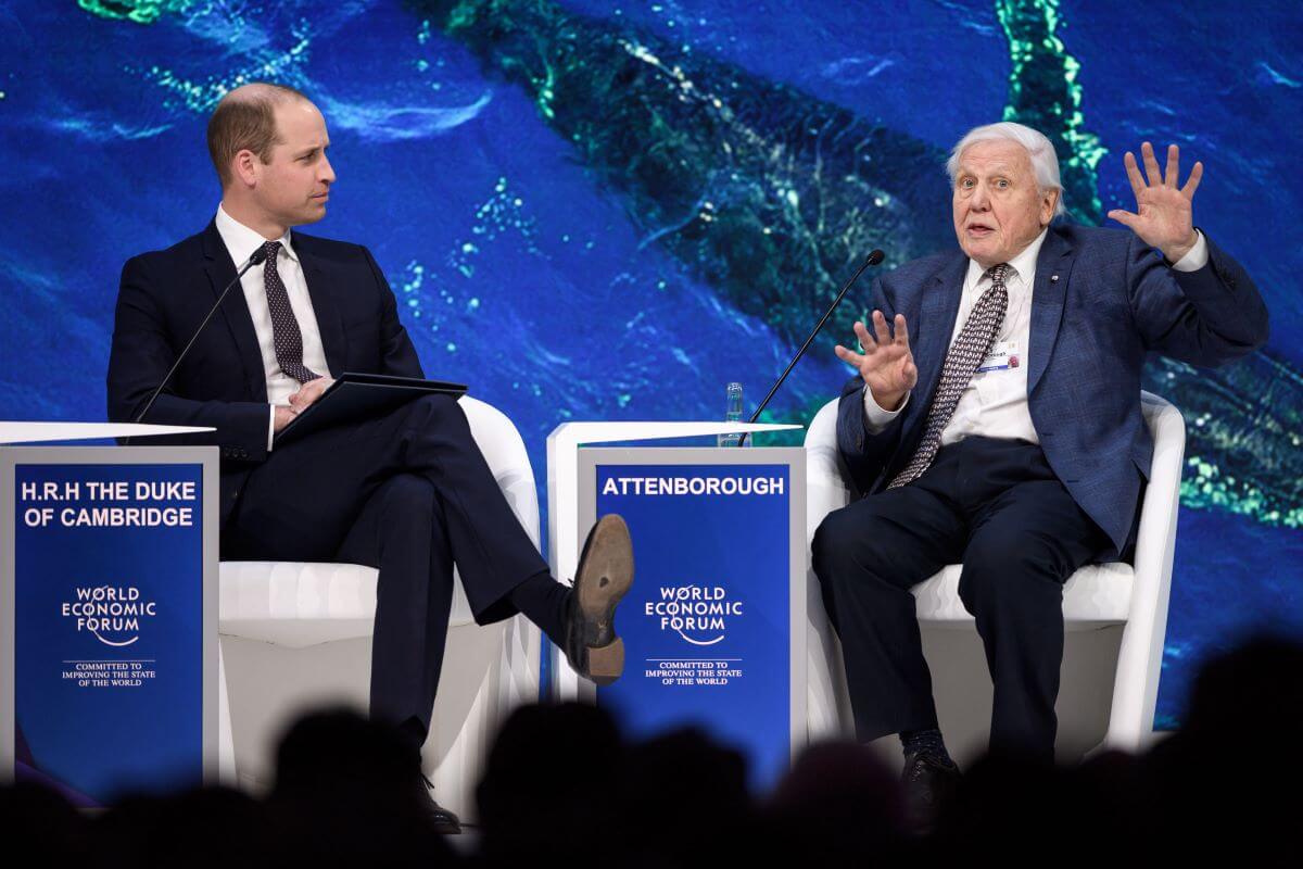 Prince William and documentary maker and broadcaster David Attenborough attend a conversation during the World Economic Forum in Switzerland