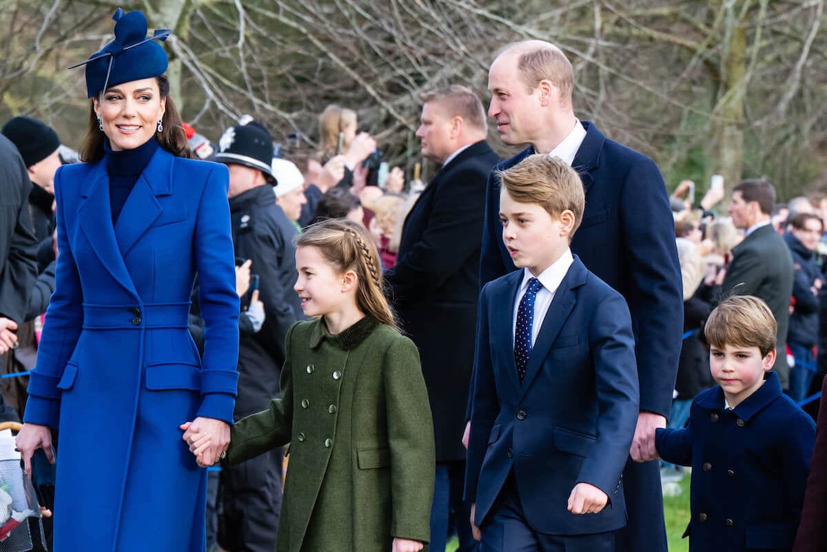 Prince William, whose reportedly getting parenting help from the Middletons and a nanny during Kate Middleton's hospitalization, walks with Kate Middleton, Princess Charlotte, Prince George, and Prince Louis