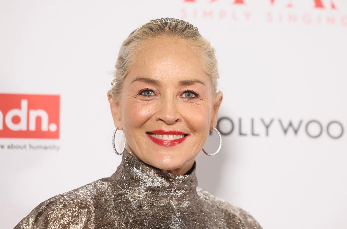 Sharon Stone smiling while wearing a silver dress at the DIVAS Simply Singing! Raising health awareness in honor of World AIDS Day at Wilshire Ebell Theatre.