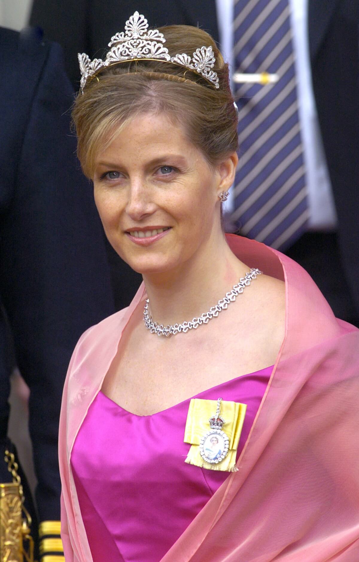 Sophie (then-the Countess of Wessex) pictured at the wedding of Crown Prince Frederik and Mary Donaldson in Copenhagen wearing the Anthemion Tiara