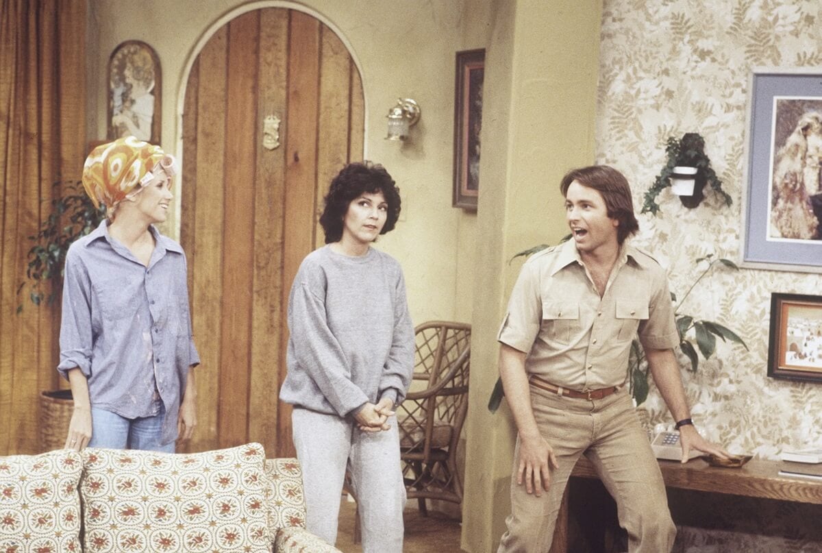 Suzanne Somers, John Ritter, and Joyce DeWitt all in a 'Three's Company' scene.
