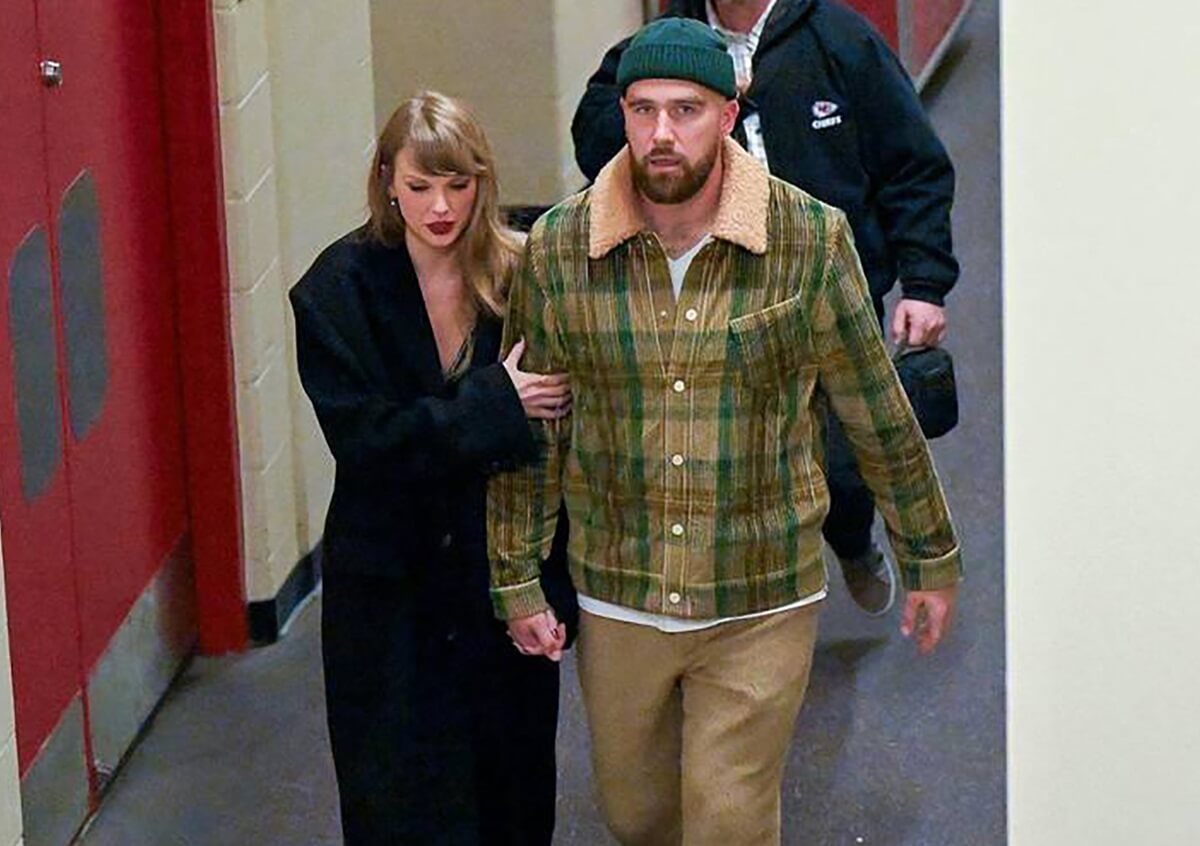 Taylor Swift and Travis Kelce leave after the Kansas City Chiefs played the Buffalo Bills at GEHA Field at Arrowhead Stadium