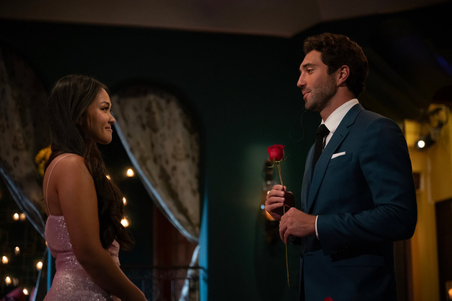 'The Bachelor' Season 28 premiere rose ceremony with Joey Graziadei giving a rose to Jenn Tran