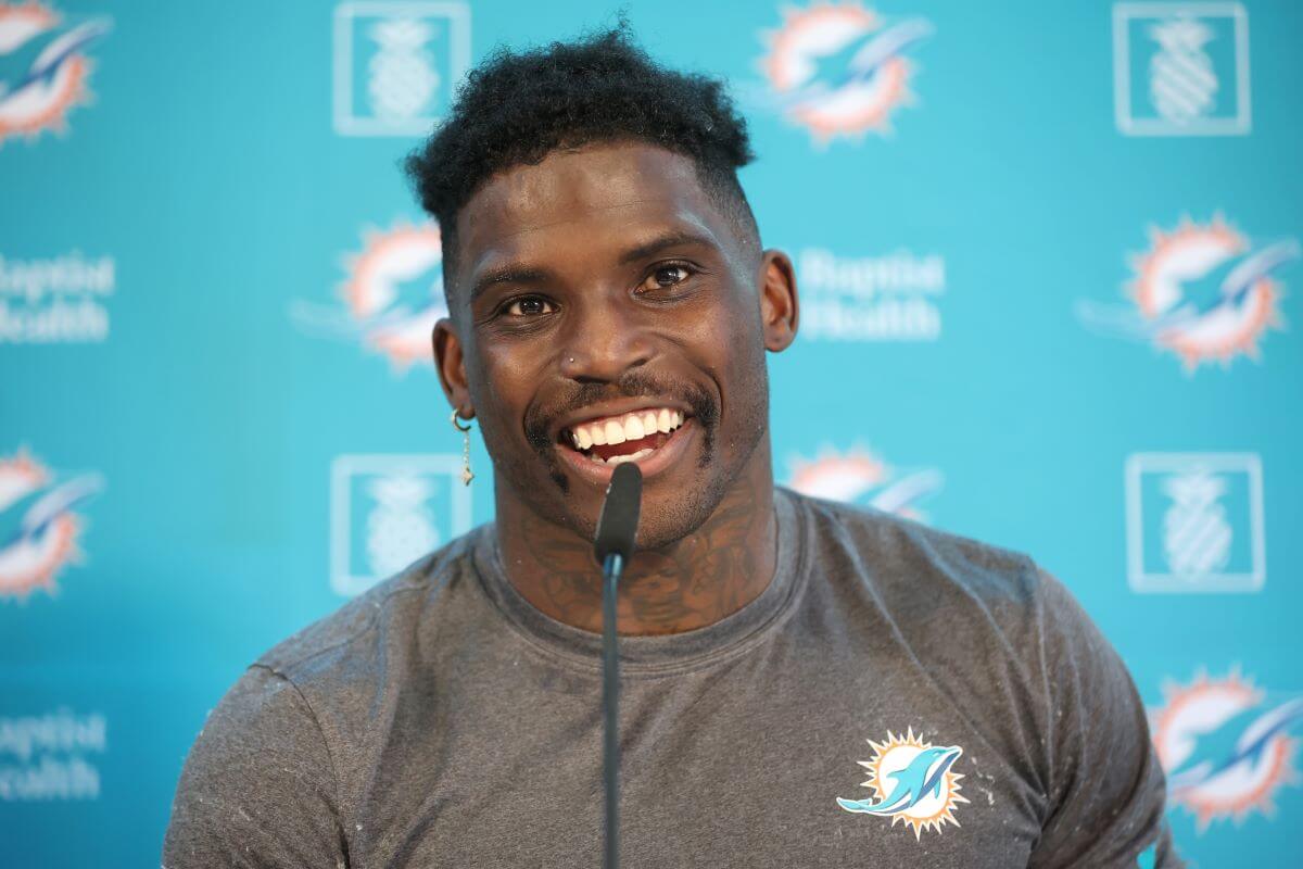 Tyreek Hill talks to the media during a Miami Dolphins press conference
