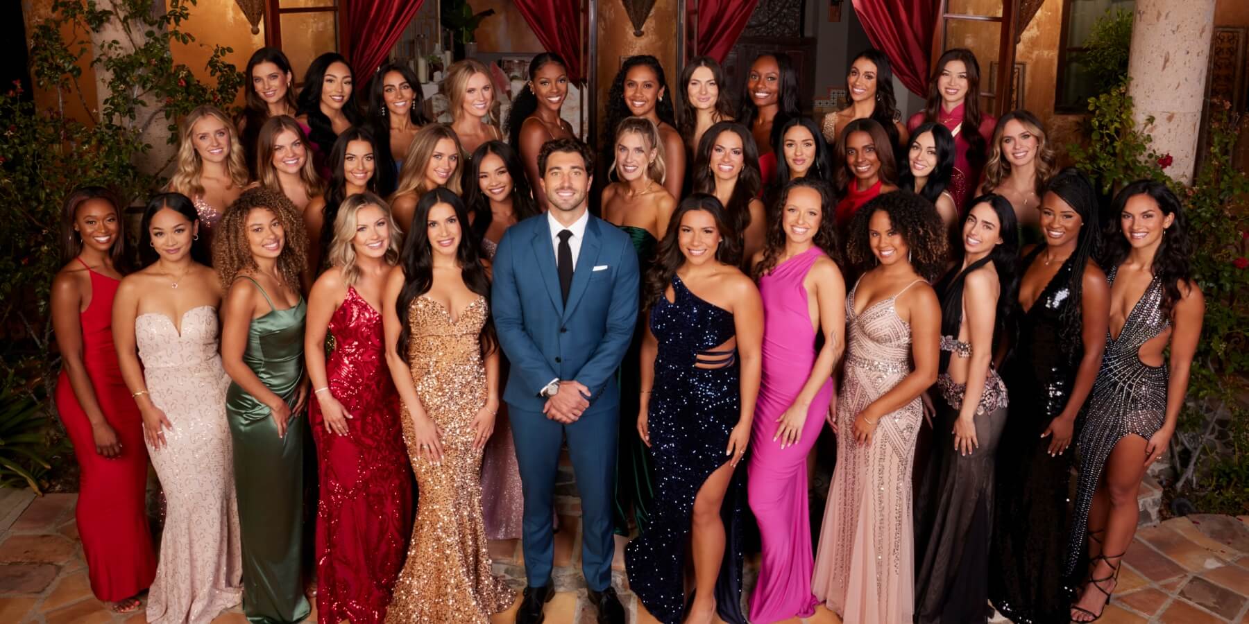 Joey Graziadei and the cast of season 28 of 'The Bachelor' pose for a first-night photograph.