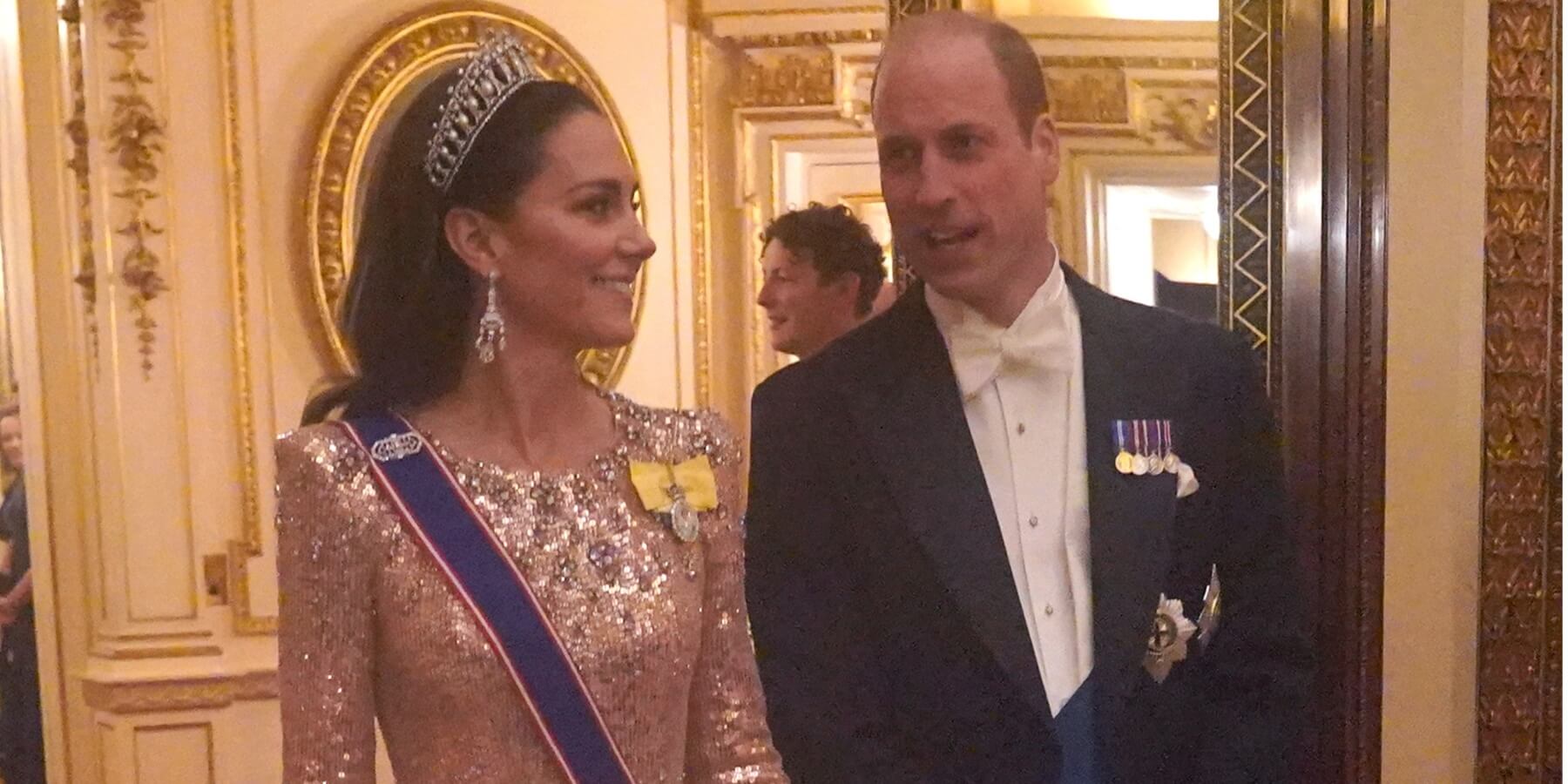 Prince William, Prince of Wales and Catherine, Princess of Wales at an evening reception for members of the Diplomatic Corps at Buckingham Palace on December 5, 2023 in London, England.