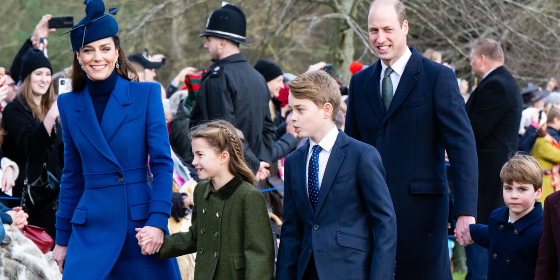 Kate Middleton, Princess Charlotte, Prince George, Prince William and Prince Louis walk together after Christmas Day church services in 2023.