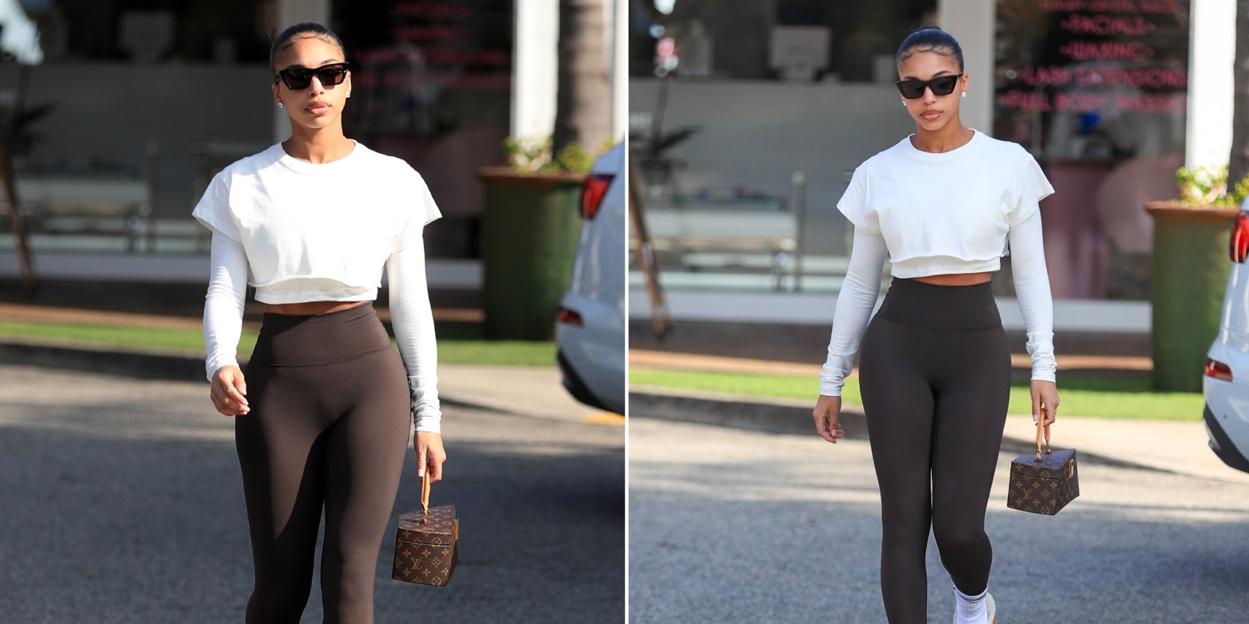 Lori Harvey wearing black yoga pants and a white shirt.