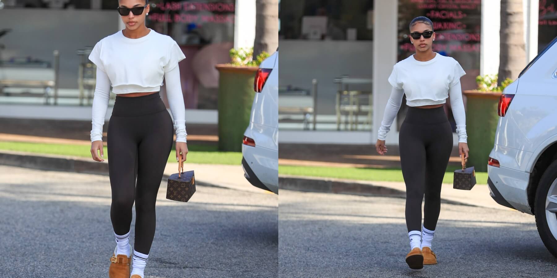 Lori Harvey wearing black yoga pants and a white shirt.