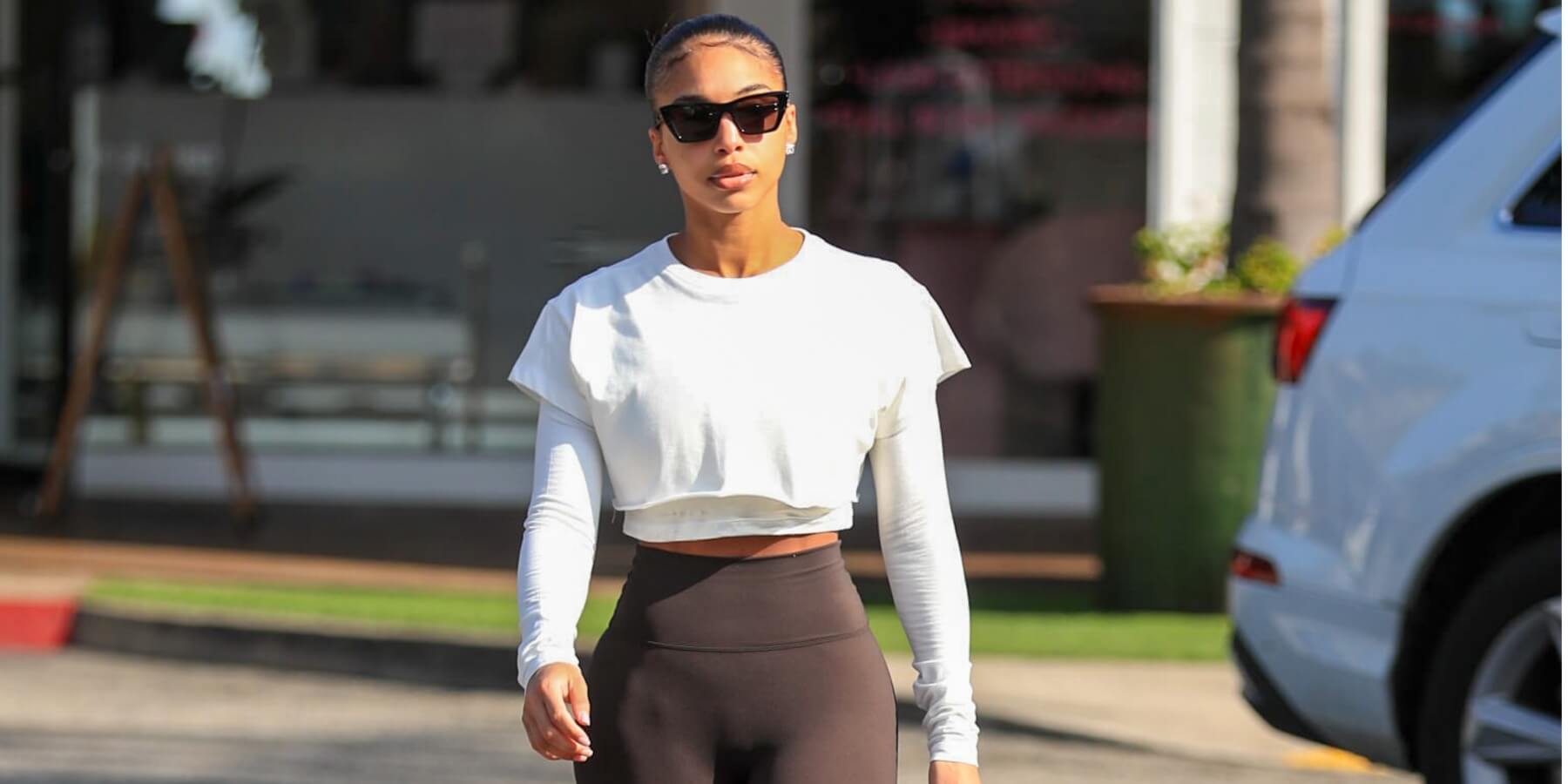 Lori Harvey wears stylish gym gear after leaving a yoga class in Los Angeles, California.