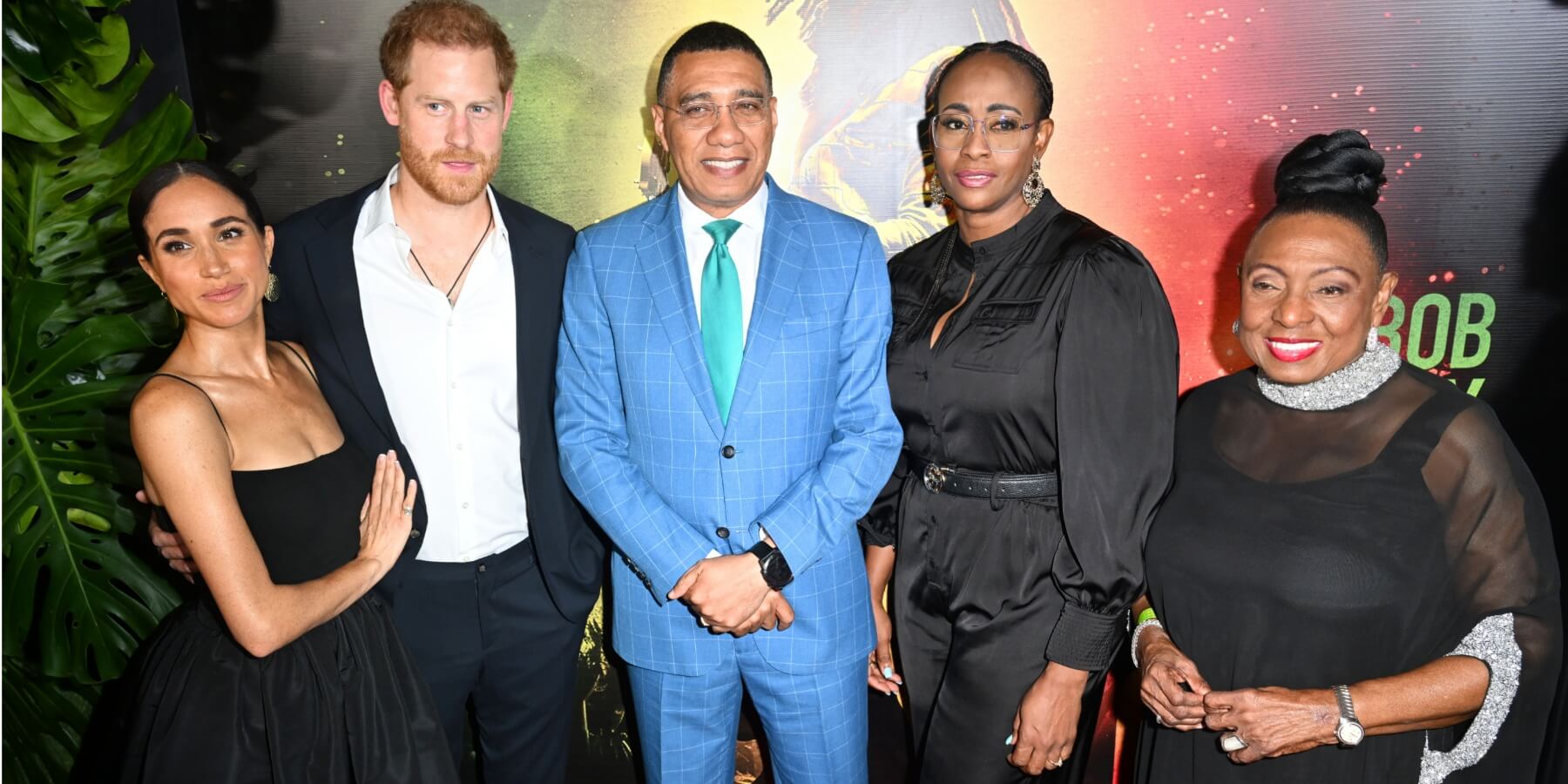 Meghan Markle, Prince Harry, Andrew and Juliet Holness and Olivia Grange at the 'Bob Marley: One Love' premiere.