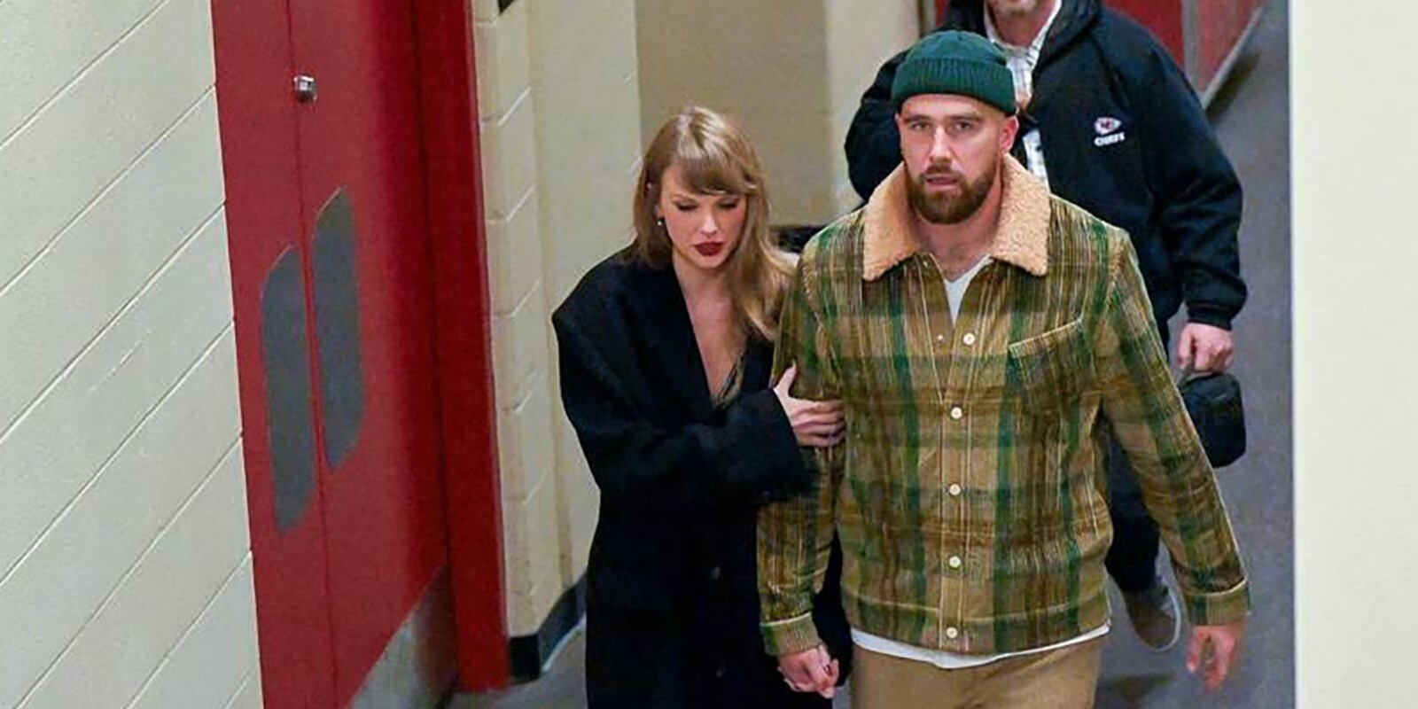 Taylor Swift and Travis Kelce leave after the Buffalo Bills defeated the Kansas City Chiefs, 20-17, on Dec. 10, 2023, at GEHA Field at Arrowhead Stadium in Kansas City, Missouri.