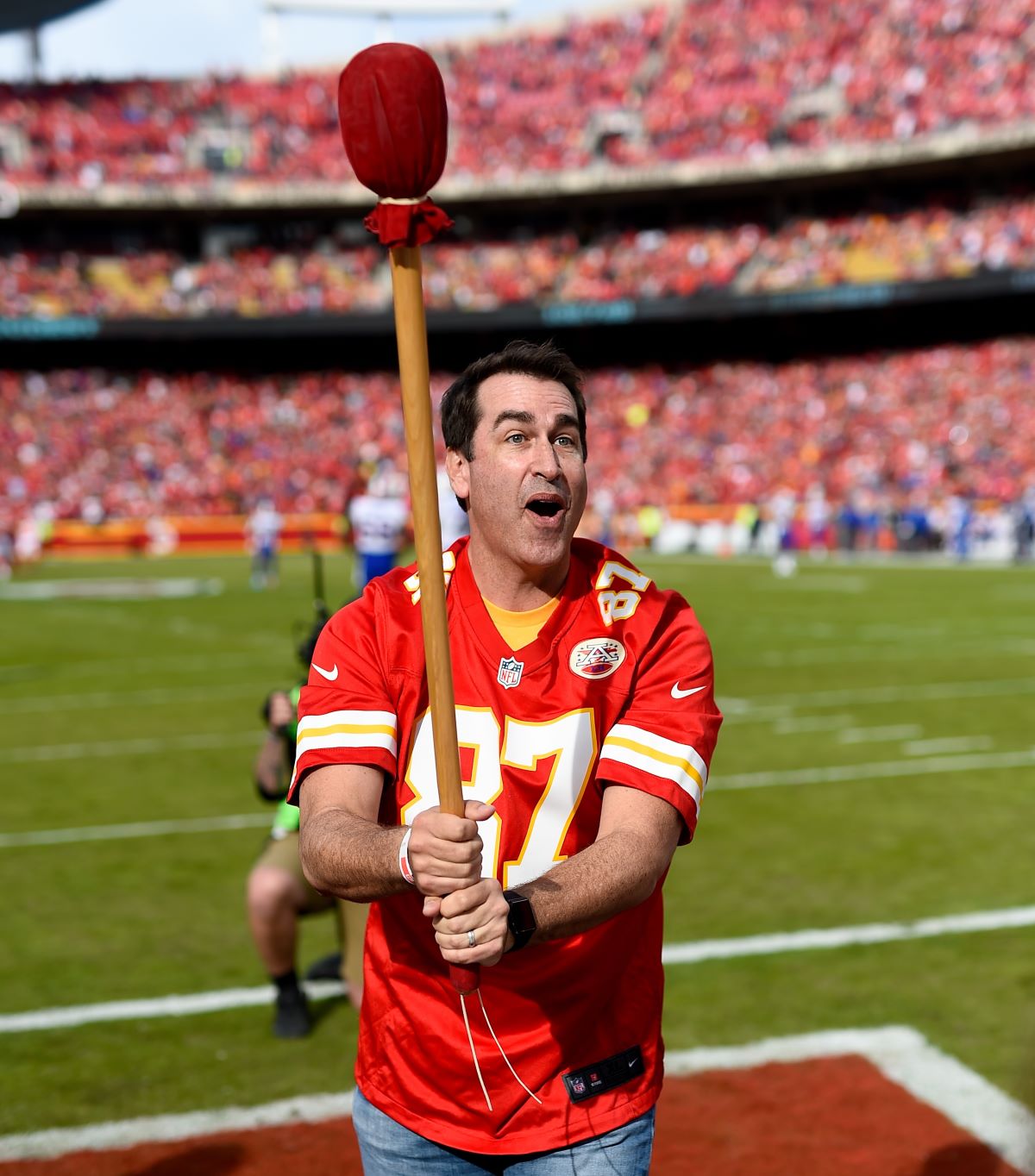 Actor and Comedian Rob Riggle banged the Kansas City Chiefs ceremonial drum prior to the game against the Buffalo Bills at Arrowhead Stadium