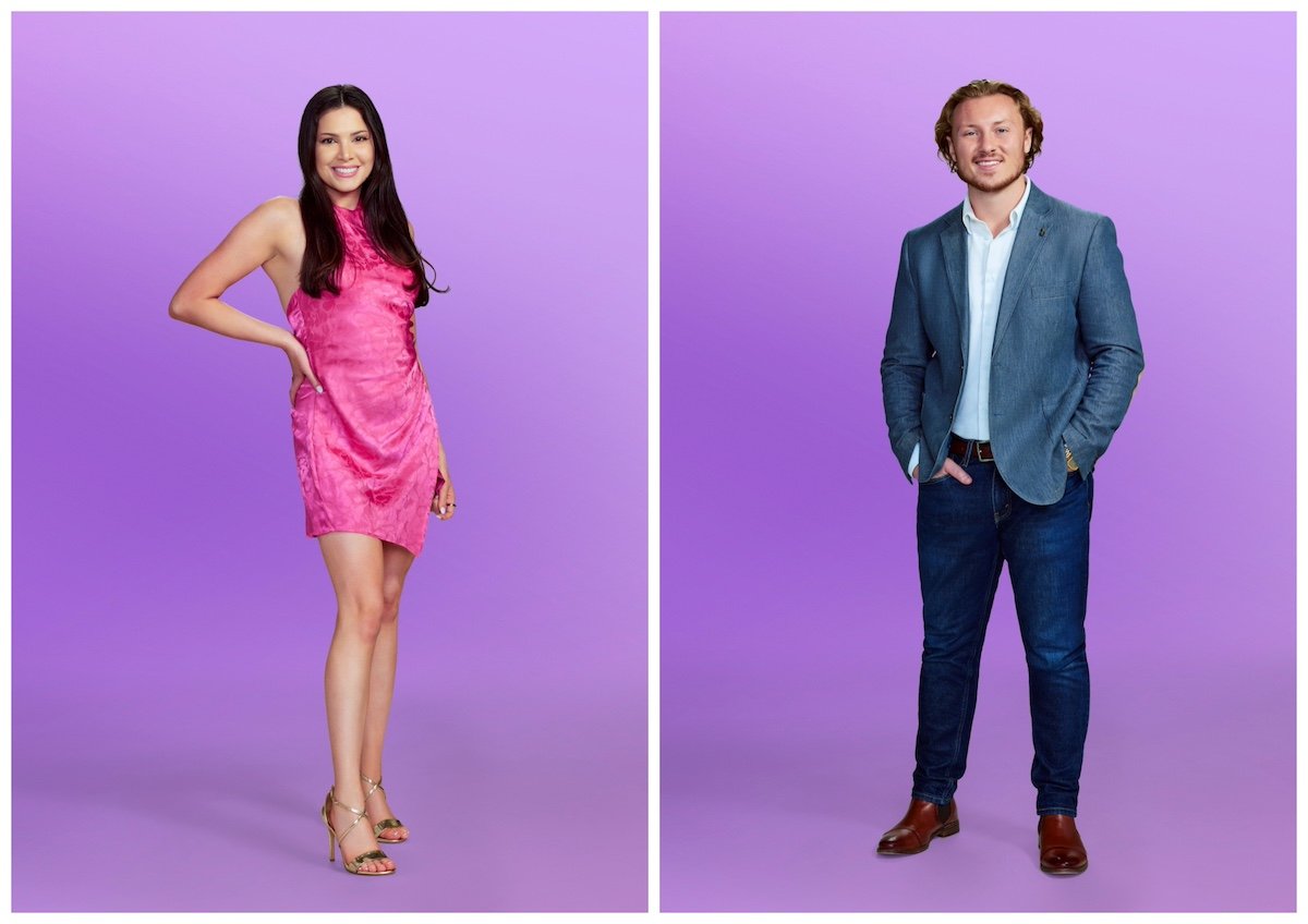 Portraits of Amy and Johnny from 'Love Is Blind' Season 6 on purple background
