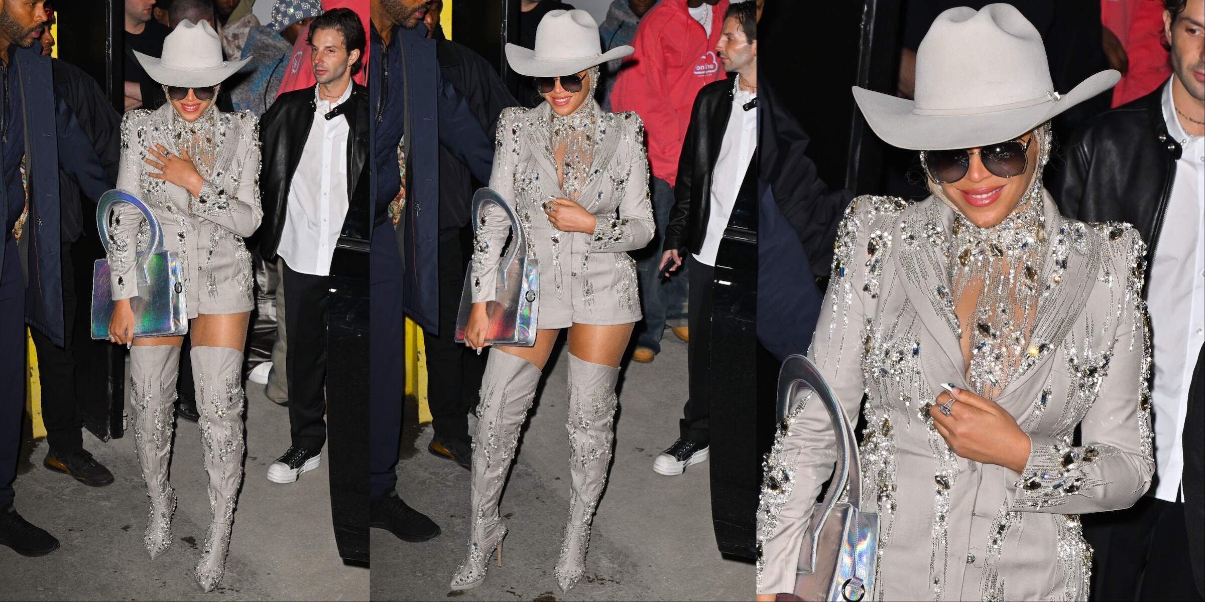 Singer Beyoncé leaves the Luar fashion show at 154 Scott in Brooklyn wearing silver cowboy gear