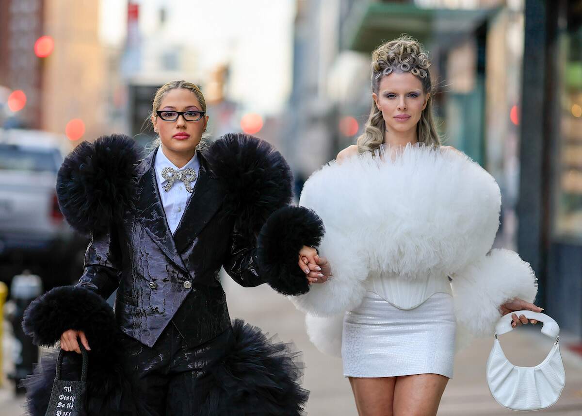 Stylist Briana Andalore and Julia Fox walk the NYC streets in black and white outfits