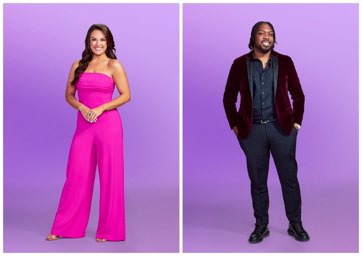 Portraits of Brittany and Kenneth from 'Love Is Blind' Season 6 on purple background