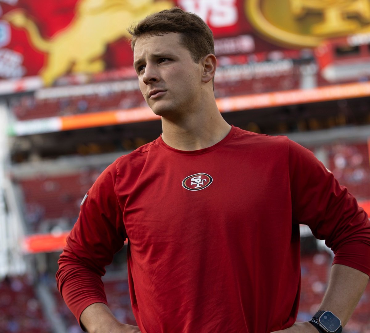 Brock Purdy #13 of the San Francisco 49ers before the NFC Championship game against the Detroit Lions at Levi's Stadium