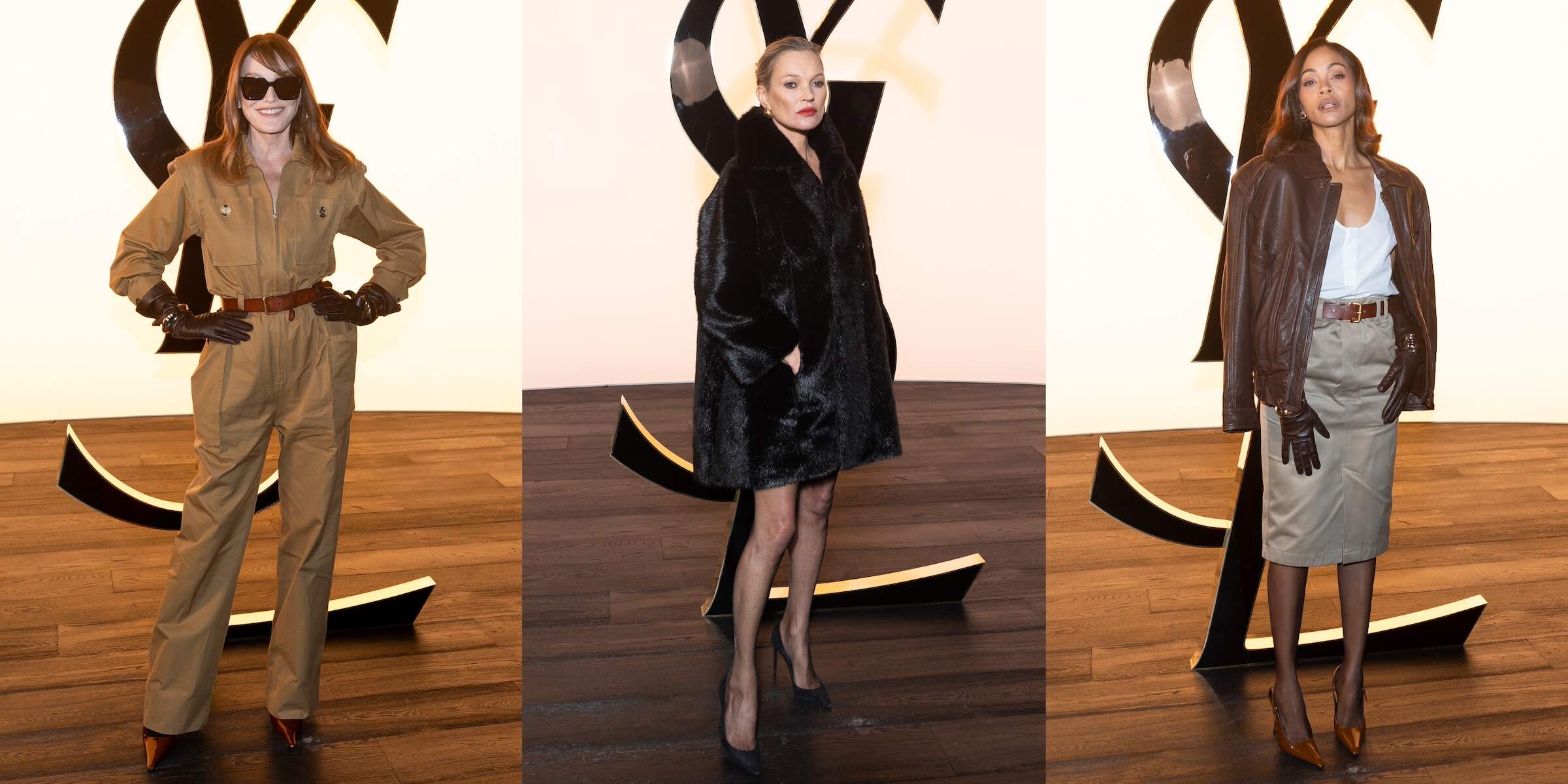 Celebrities Carla Bruni, Kate Moss, and Zoe Saldana wear YSL and pose for photos at the Saint Laurent Womenswear Fall/Winter 2024-25 show
