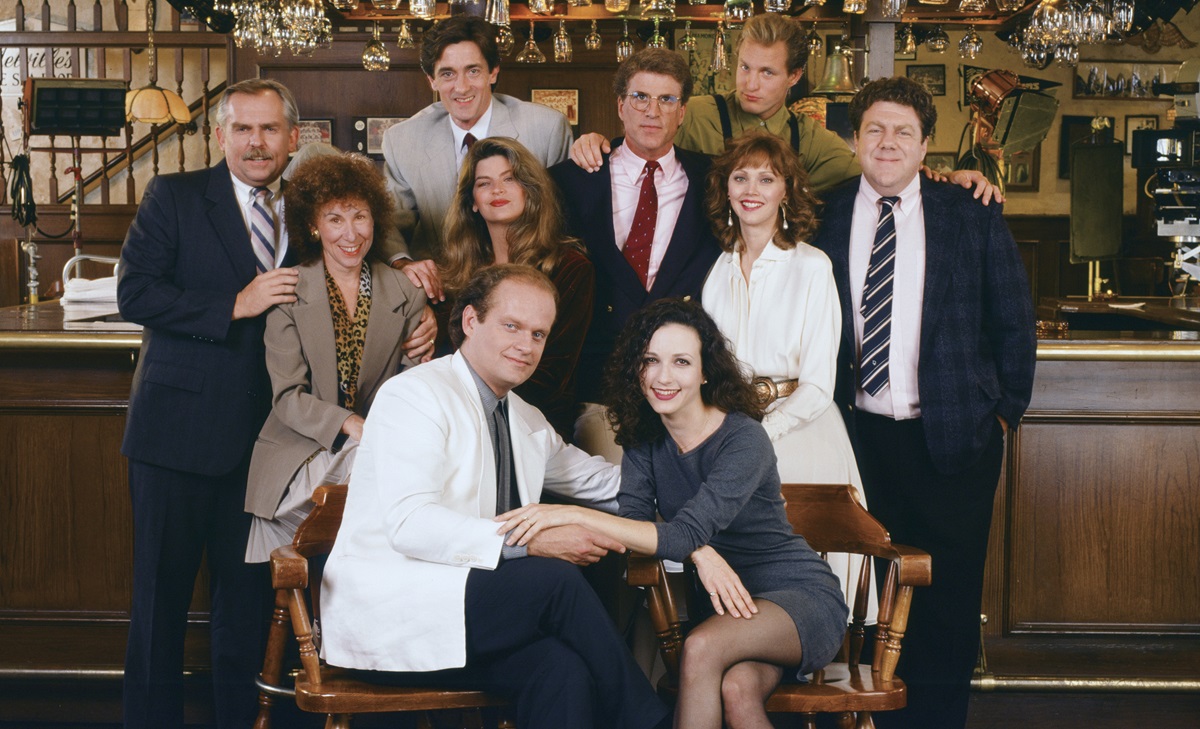 John Ratzenberger as Cliff Clavin, Rhea Perlman as Carla LeBec, Roger Rees as Robin Colcord, Kirstie Alley as Rebecca Howe, Kelsey Grammer as Dr. Frasier Crane, Ted Danson as Sam Malone, Bebe Neuwirth as Dr. Lilith Sternin-Crane, Shelley Long as Diane Chambers, Woody Harrelson as Woody Boyd, and George Wendt as Norm Peterson 
