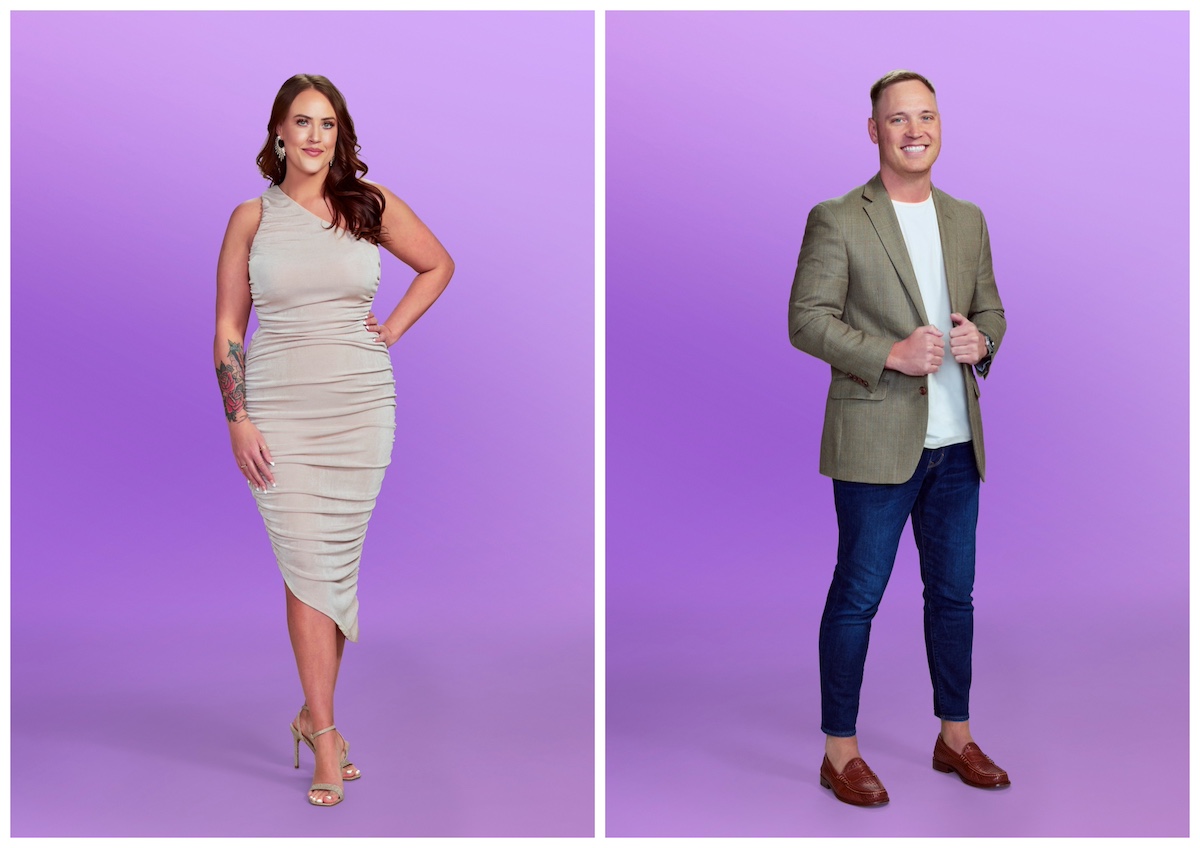 Portraits of Chelsea and Jimmy from 'Love Is Blind' Season 6 on purple background