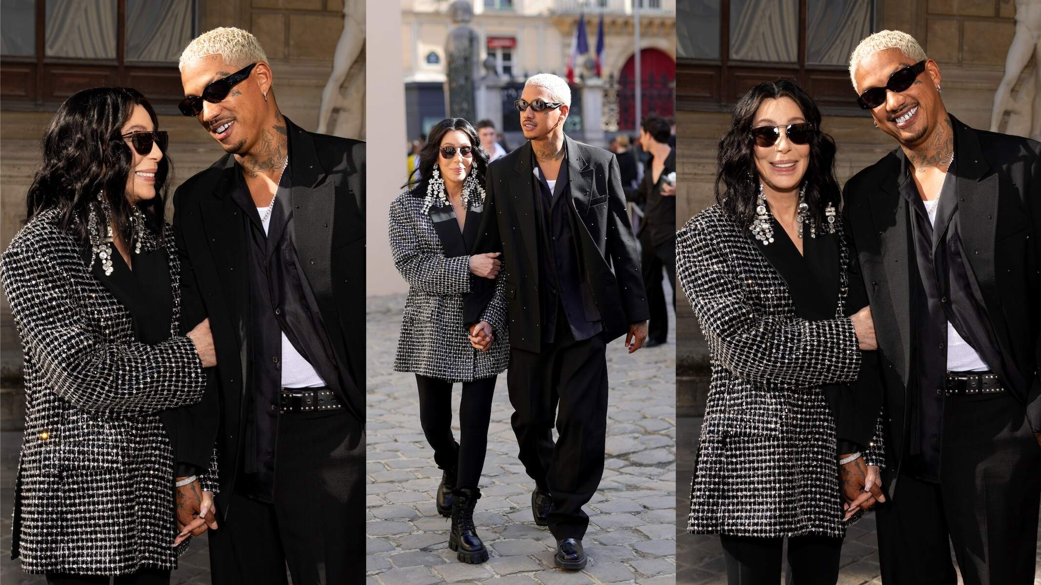 Couple Cher and Alexander Edwards attending the Valentino runway show in Milan wearing blazers