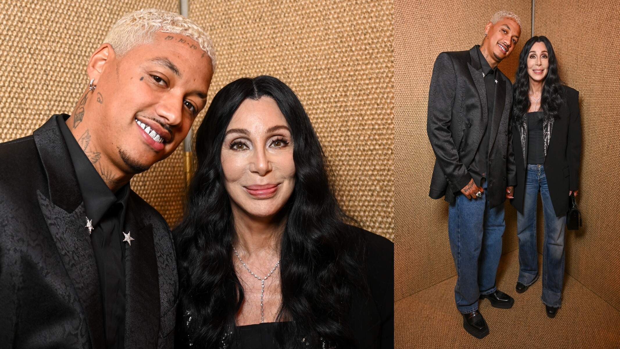 Alexander Edwards and Singer Cher smile together before the Balmain Womenswear Fall/Winter 2024-2025 show