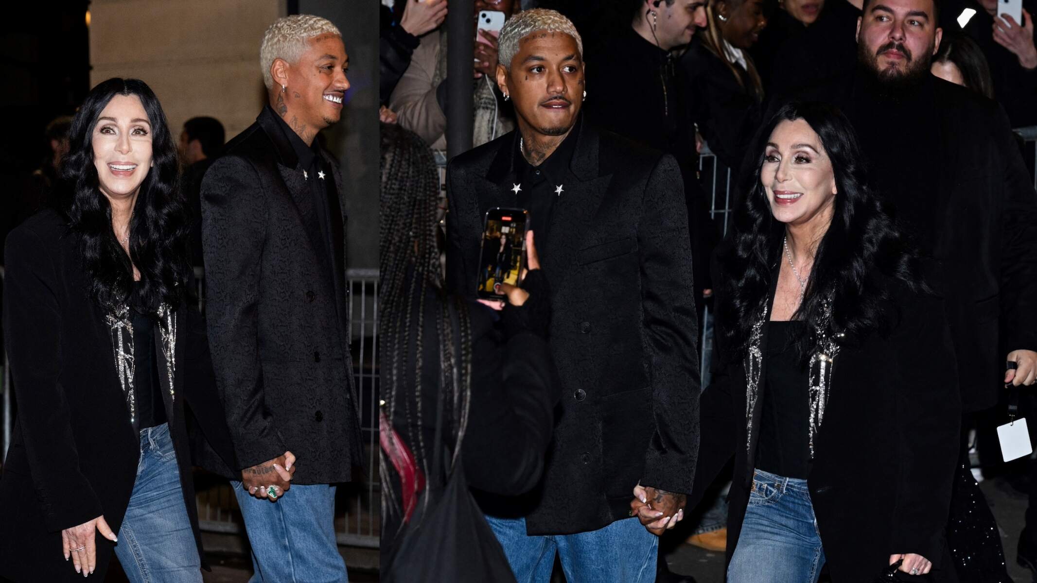 Cher and Alexander Edwards laugh and hold hands as they leave the Balenciaga runway show