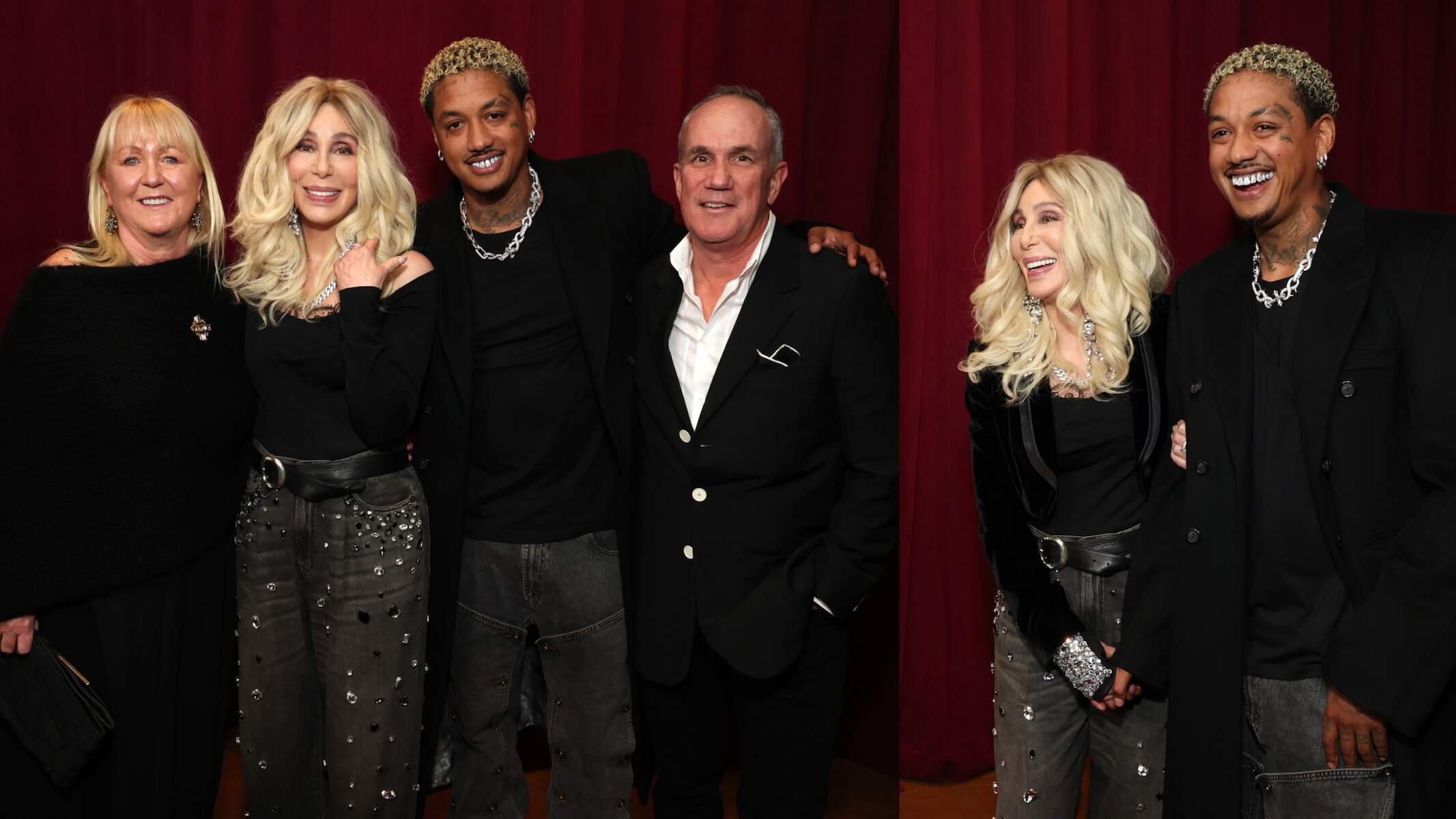 Cher and Alexander Edwards with the Warner Records COO Tom Corson and his wife, celebrating her records in front of a red velvet curtain