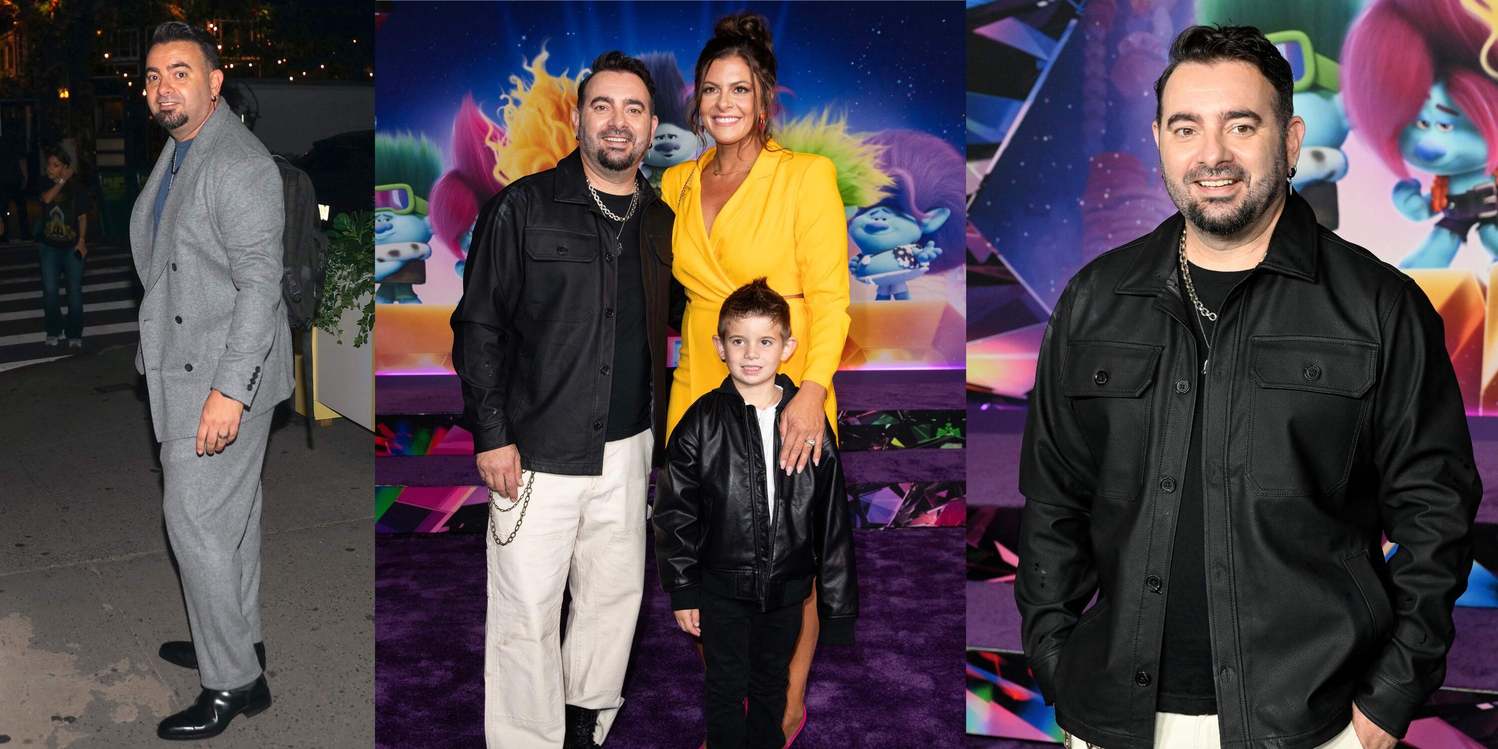 NSYNC member Chris Kirkpatrick with his wife and son on the purple carpet for Trolls: Band Together