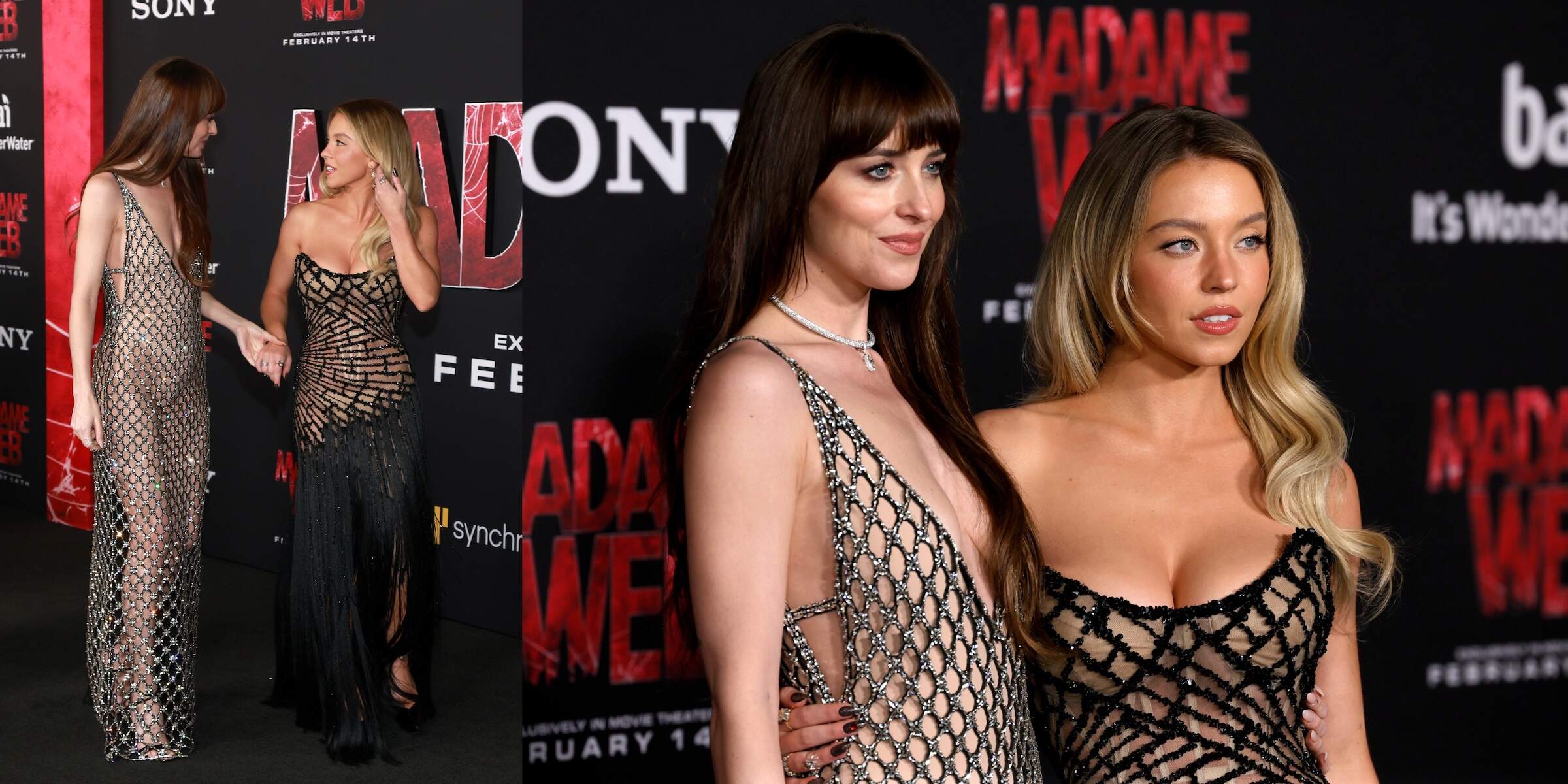 Madame Web stars Dakota Johnson and Sydney Sweeney smile for cameras on the red carpet
