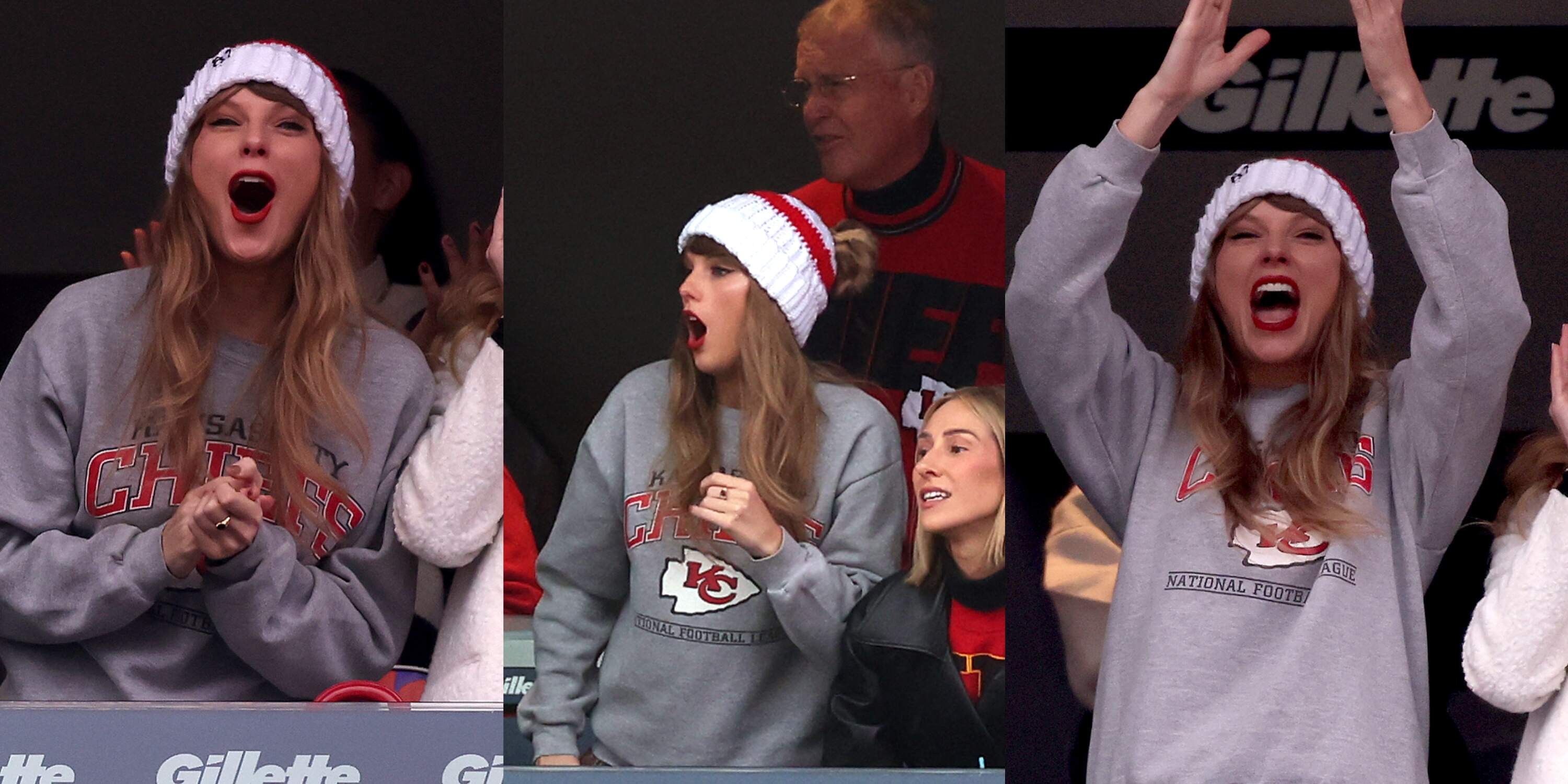 Singer-songwriter Taylor Swift cheers from a suite as the Kansas City Chiefs play