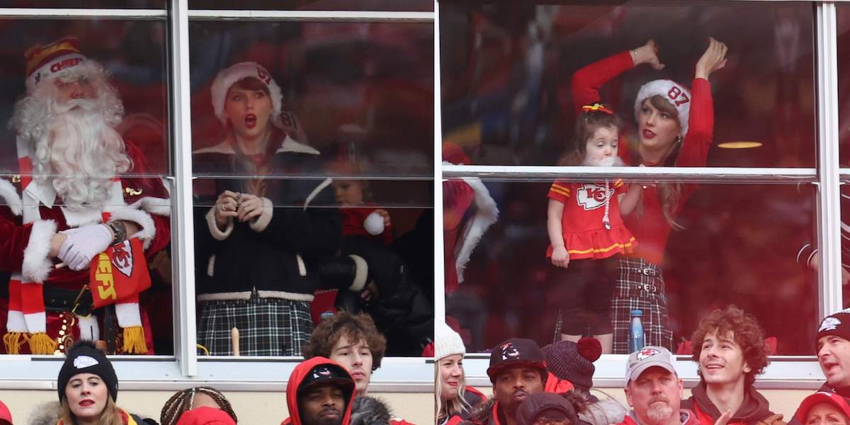 Pop singer Taylor Swift is seen in a suite prior to a game between the Las Vegas Raiders and the Kansas City Chiefs