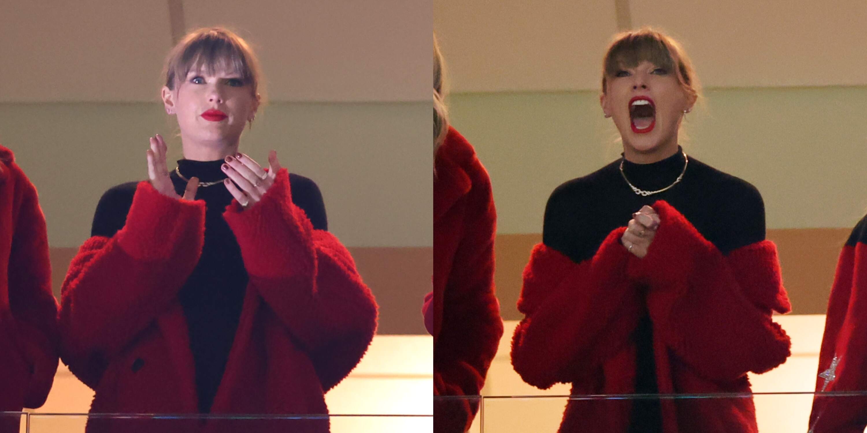 Singer-songwriter Taylor Swift cheers from a suite as the Kansas City Chiefs play