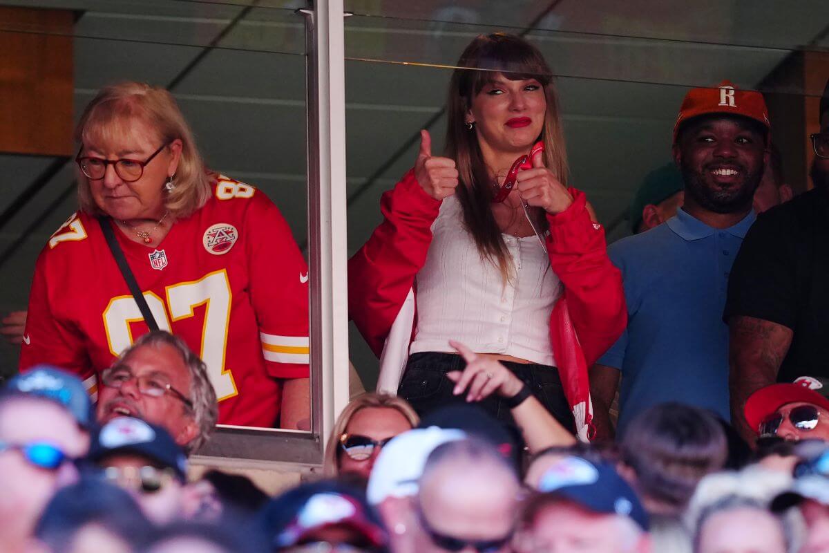 Donna Kelce and Taylor Swift are seen during the first half of a game between the Chicago Bears and the Kansas City Chiefs