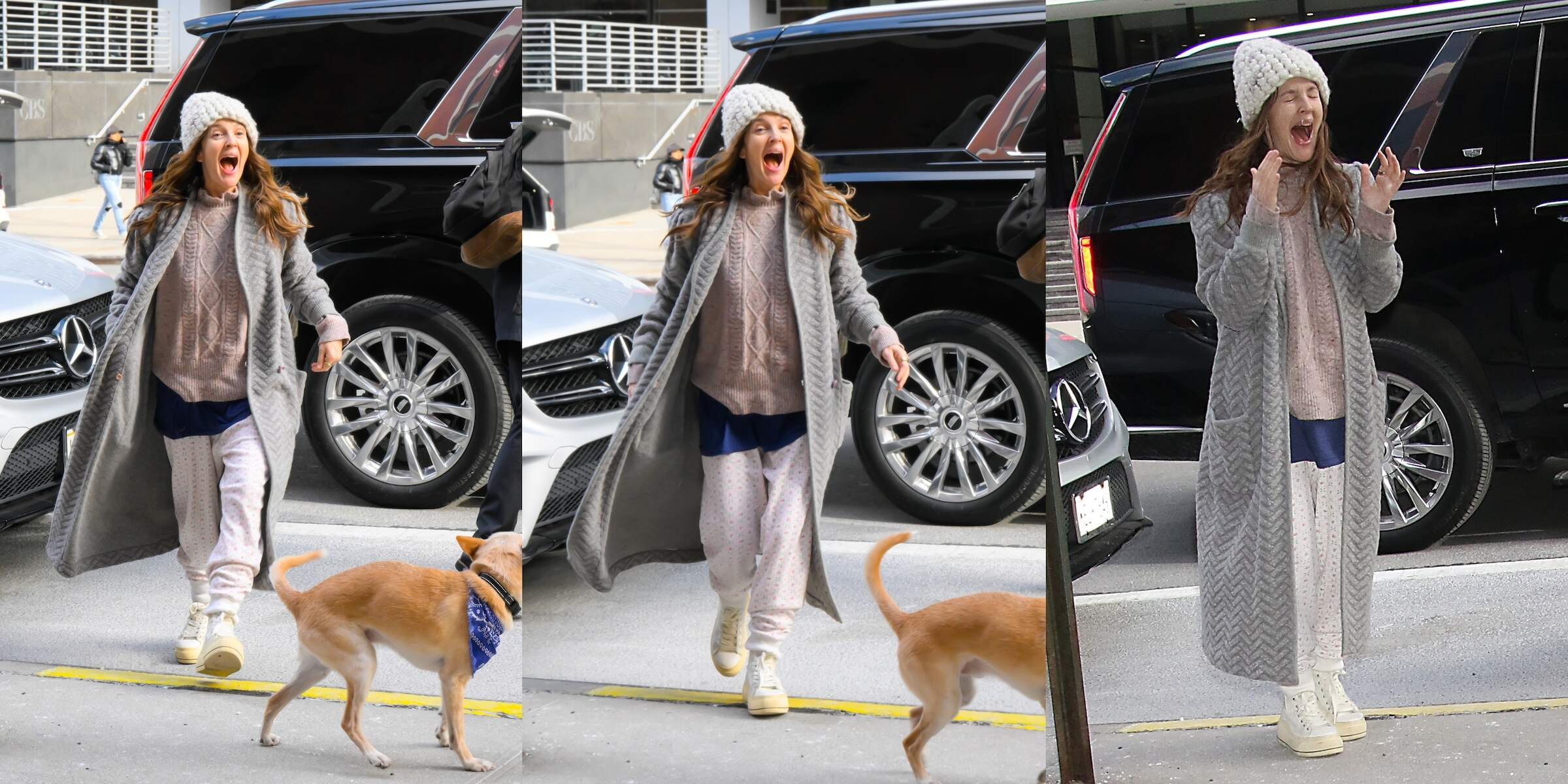 TV host Drew Barrymore runs to greet and hug a friend at the airport as she wears PJ bottoms and tennis shoes