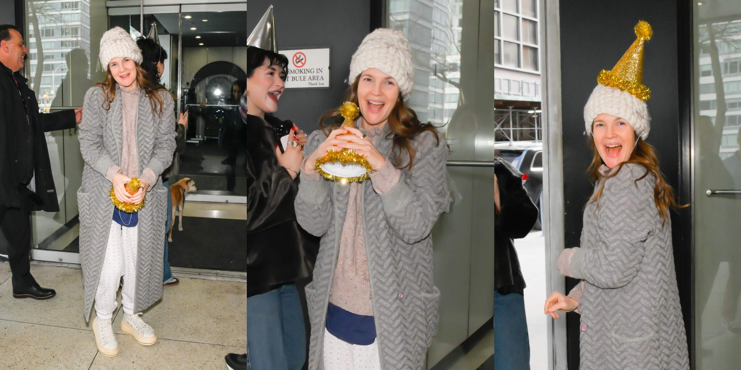 TV host Drew Barrymore wears a birthday hat on her birthday as she picks friends up from the airport