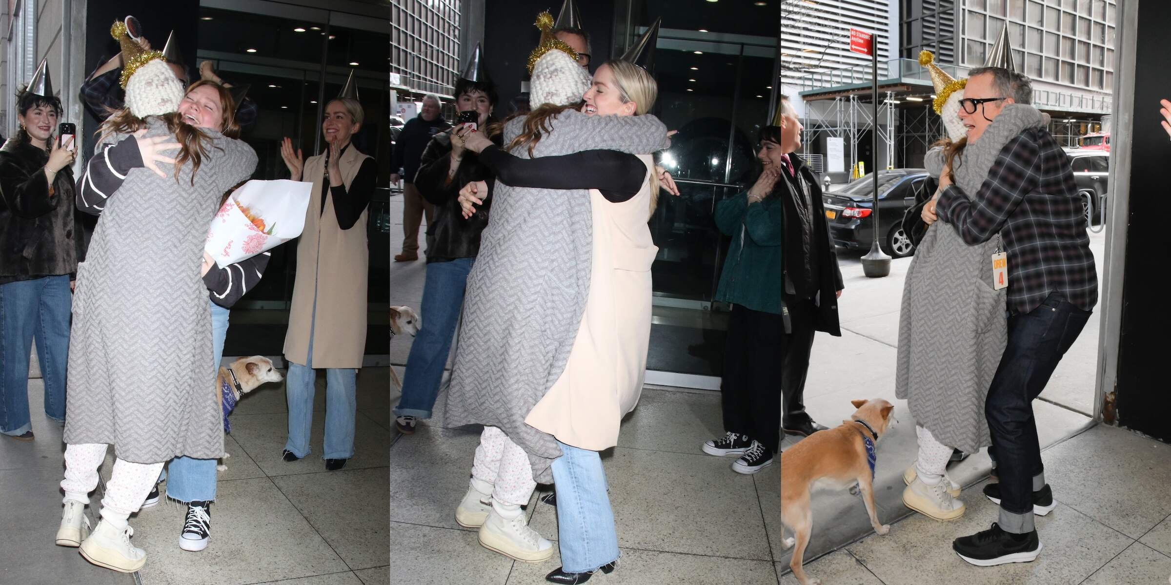 TV host Drew Barrymore runs to greet and hug a friend at the airport as she wears PJ bottoms and tennis shoes
