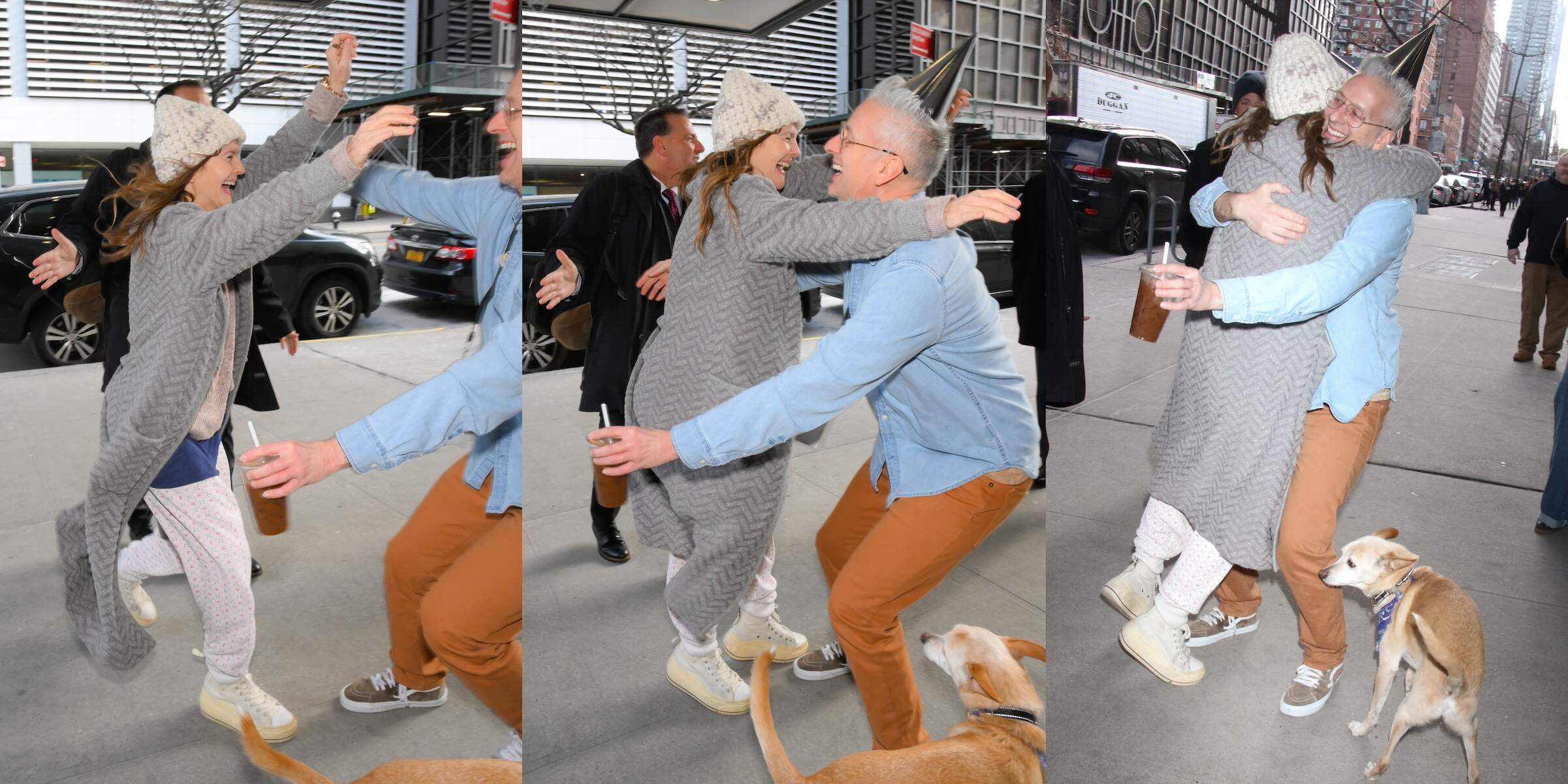 TV host Drew Barrymore runs to greet and hug a friend at the airport as she wears PJ bottoms and tennis shoes