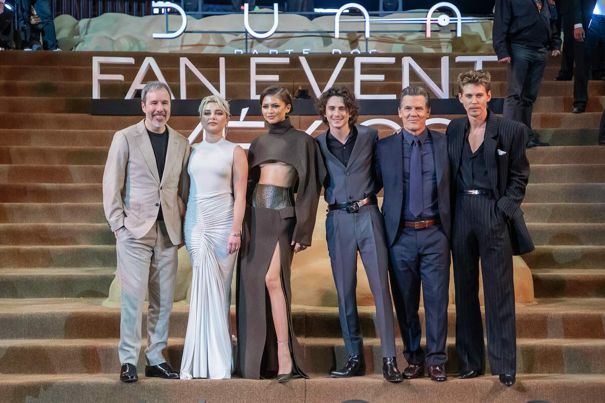 Denis Villeneuve, Florence Pugh, Zendaya, Timothée Chalamet, Josh Brolin, and Austin Butler pose for photos during the red carpet for the movie 'Dune: Part Two'