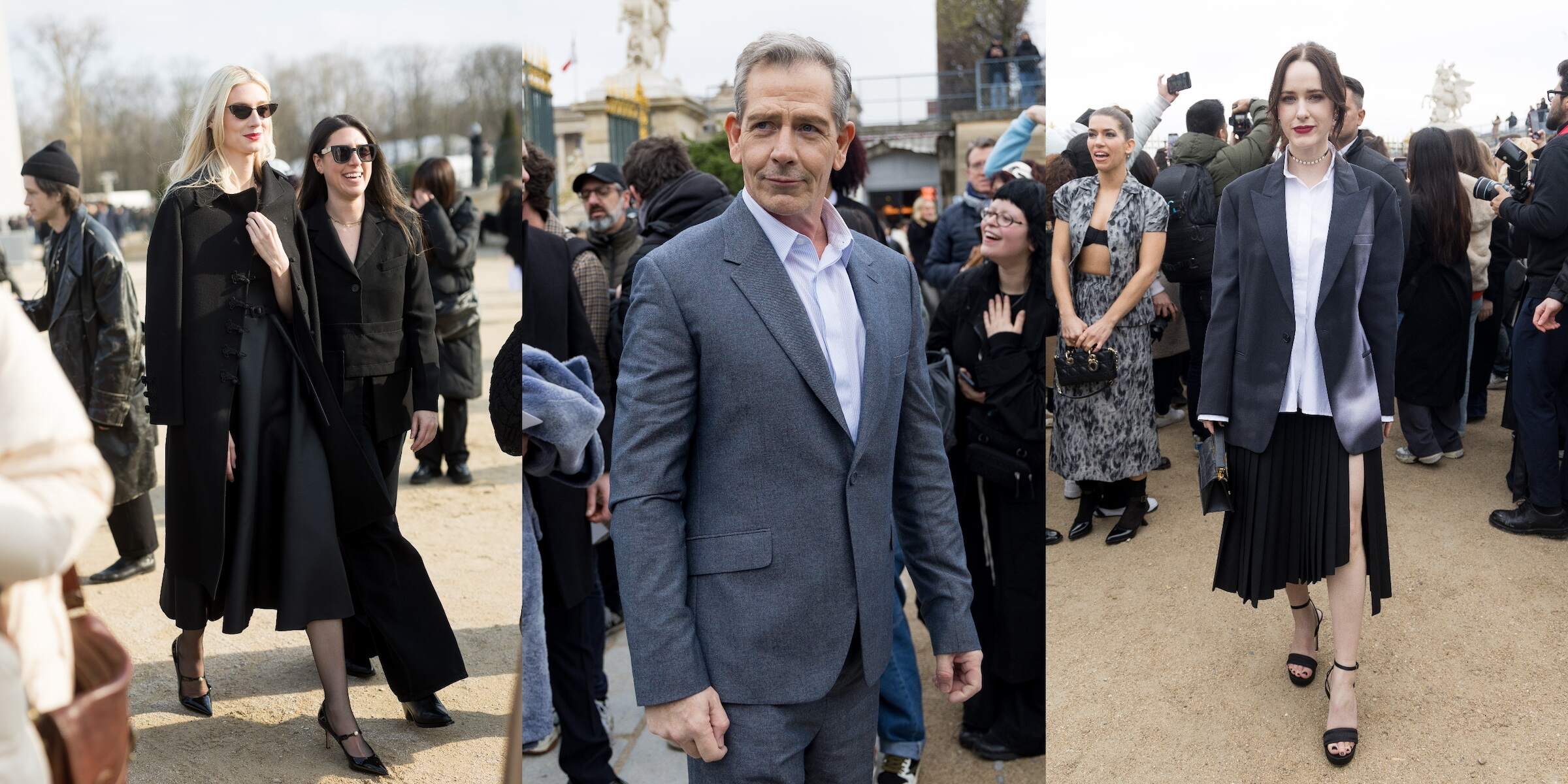 Actors Elizabeth Debicki, Ben Mendelsohn, and Rachel Brosnahan pose for photos in Paris before the Christian Dior fashion show