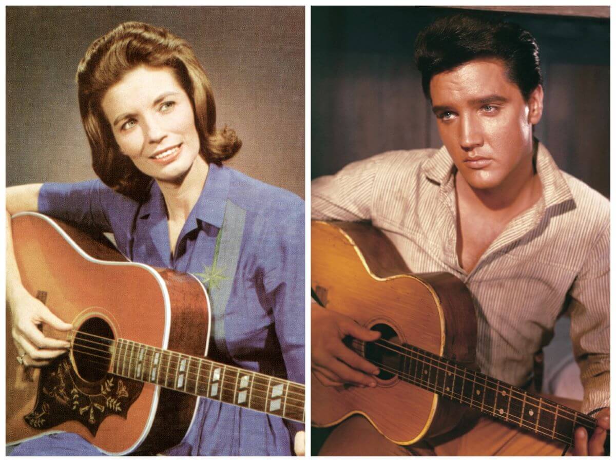 June Carter Cash wears a blue dress and sits with an acoustic guitar. Elvis wears a white shirt and sits with an acoustic guitar.