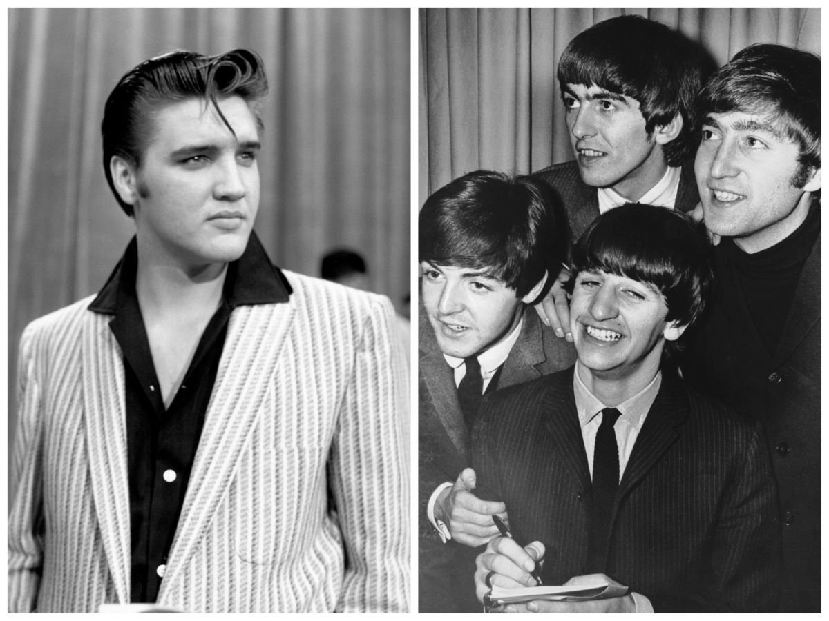 A black and white picture of Elvis wearing a striped jacket. The Beatles all wear suits and stand in a group.