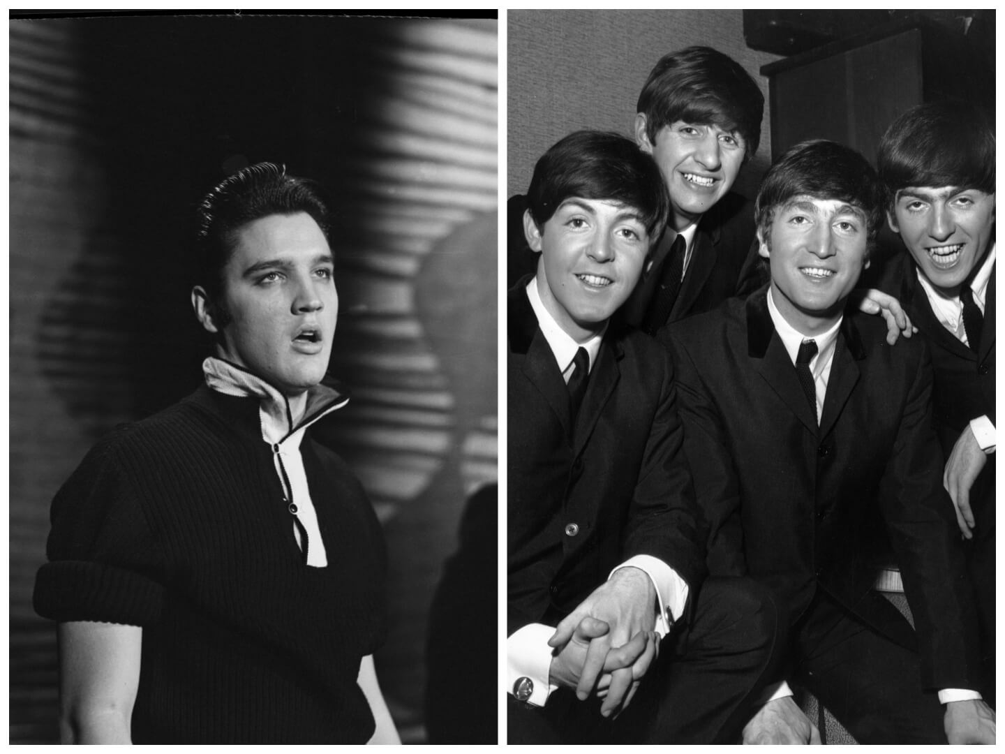 A black and white picture of Elvis wearing a collared shirt. The Beatles all wear suits and gather together.