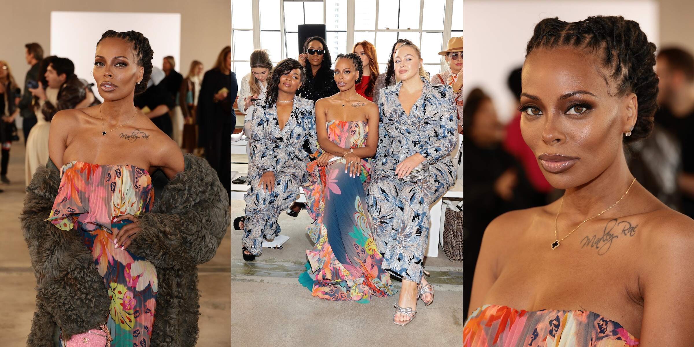 Alexis Floyd, Eva Marcille, and Iskra Lawrence attend the Badgley Mischka fashion show with Eva wearing a multicolor strapless gown and braids