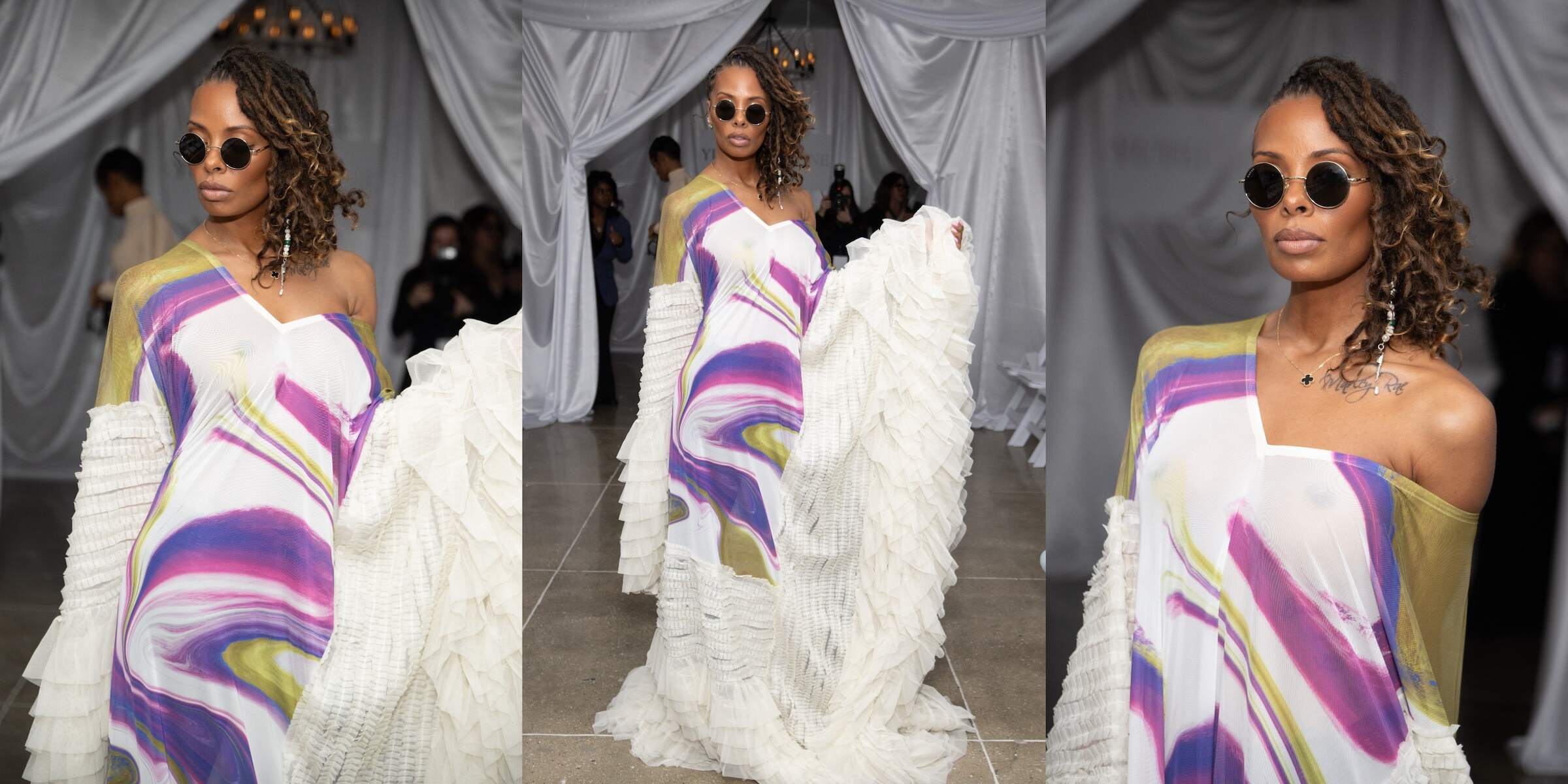 Eva Marcille poses before the Wavering Lines By Yutee Rone fashion show during New York Fashion Week