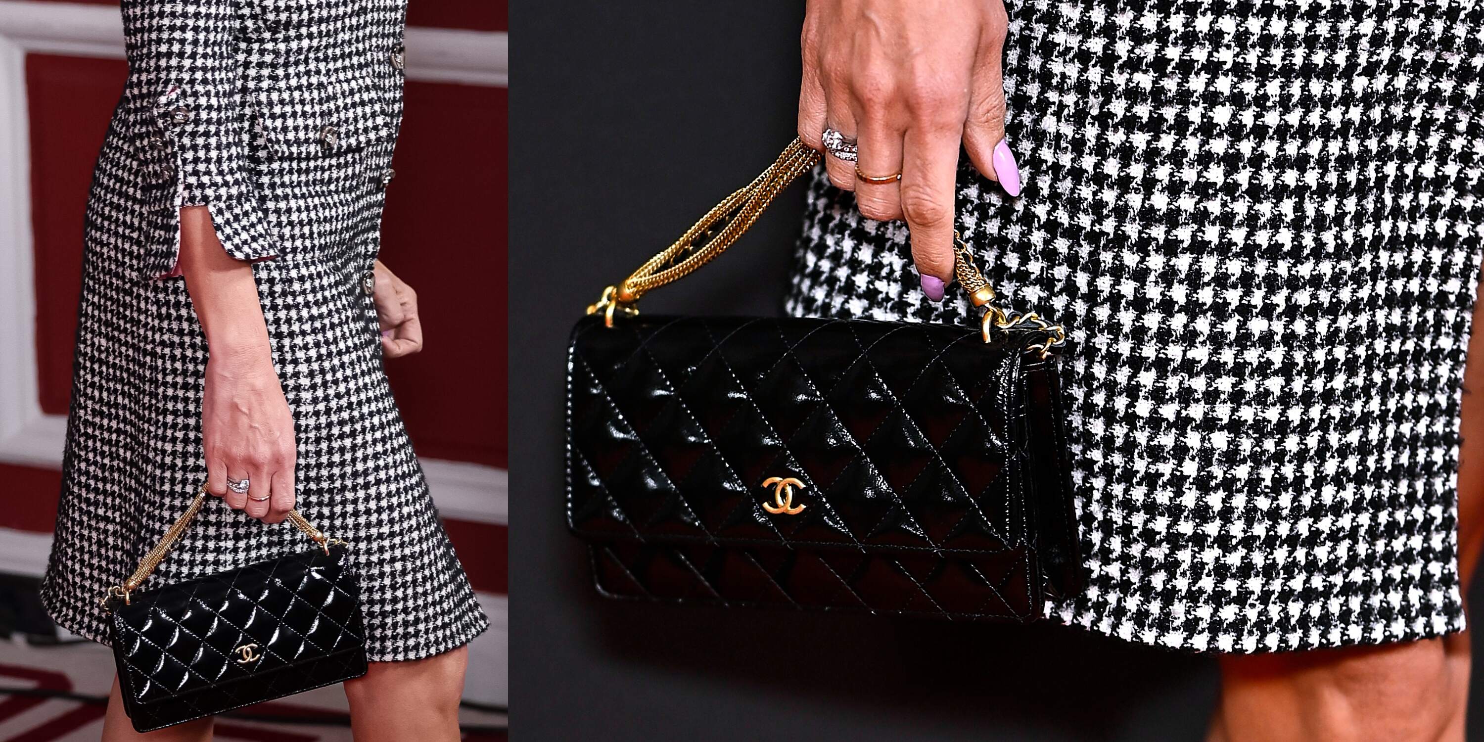 Actor Penélope Cruz's hand holds a black patent leather Chanel bag with gold accents