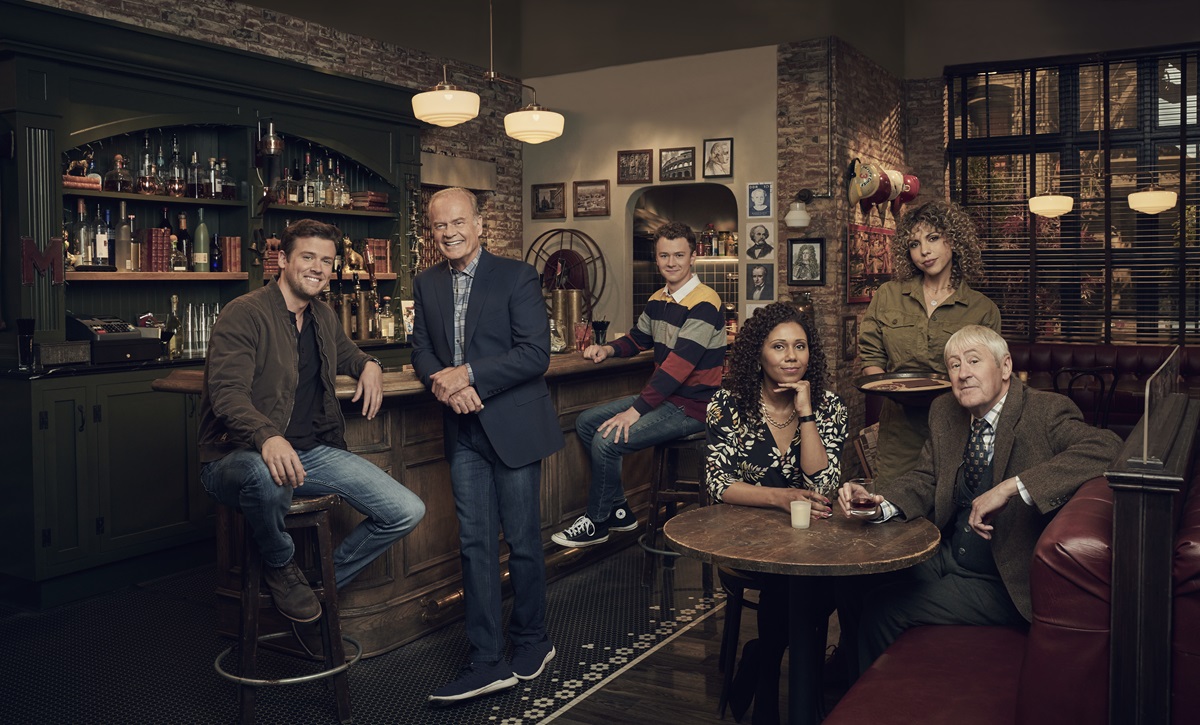 Jack Cutmore-Scott as Freddy Crane, Kelsey Grammer as Frasier Crane, Anders Keith as David Crane, Toks Olagundoye as Olivia, Jess Salgueiro as Eve and Nicholas Lyndhurst as Alan in Frasier, streaming on Paramount+, 2023