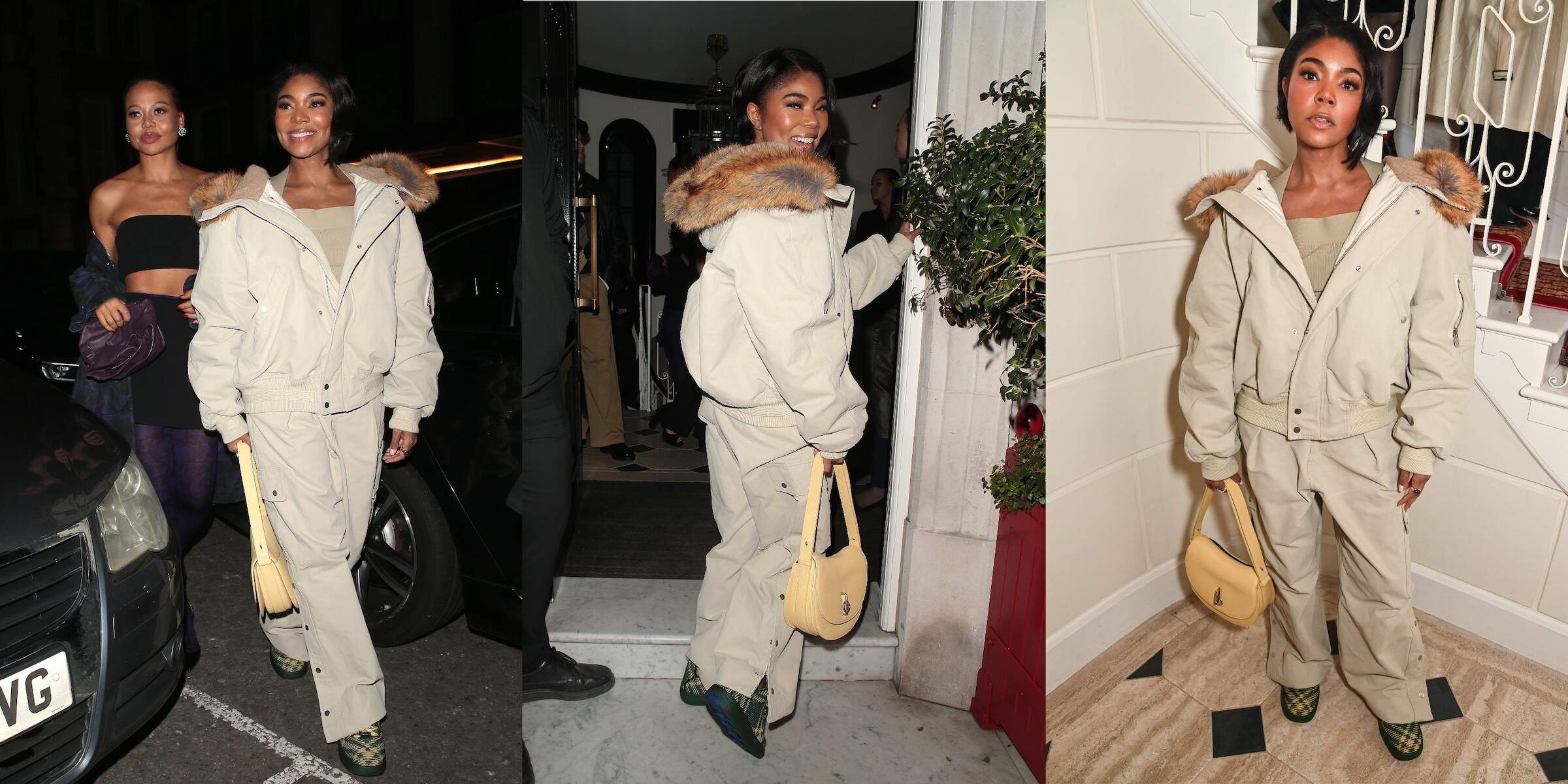 Actor Gabrielle Union and Emma Thynn laughs as she enters the Burberry afterparty