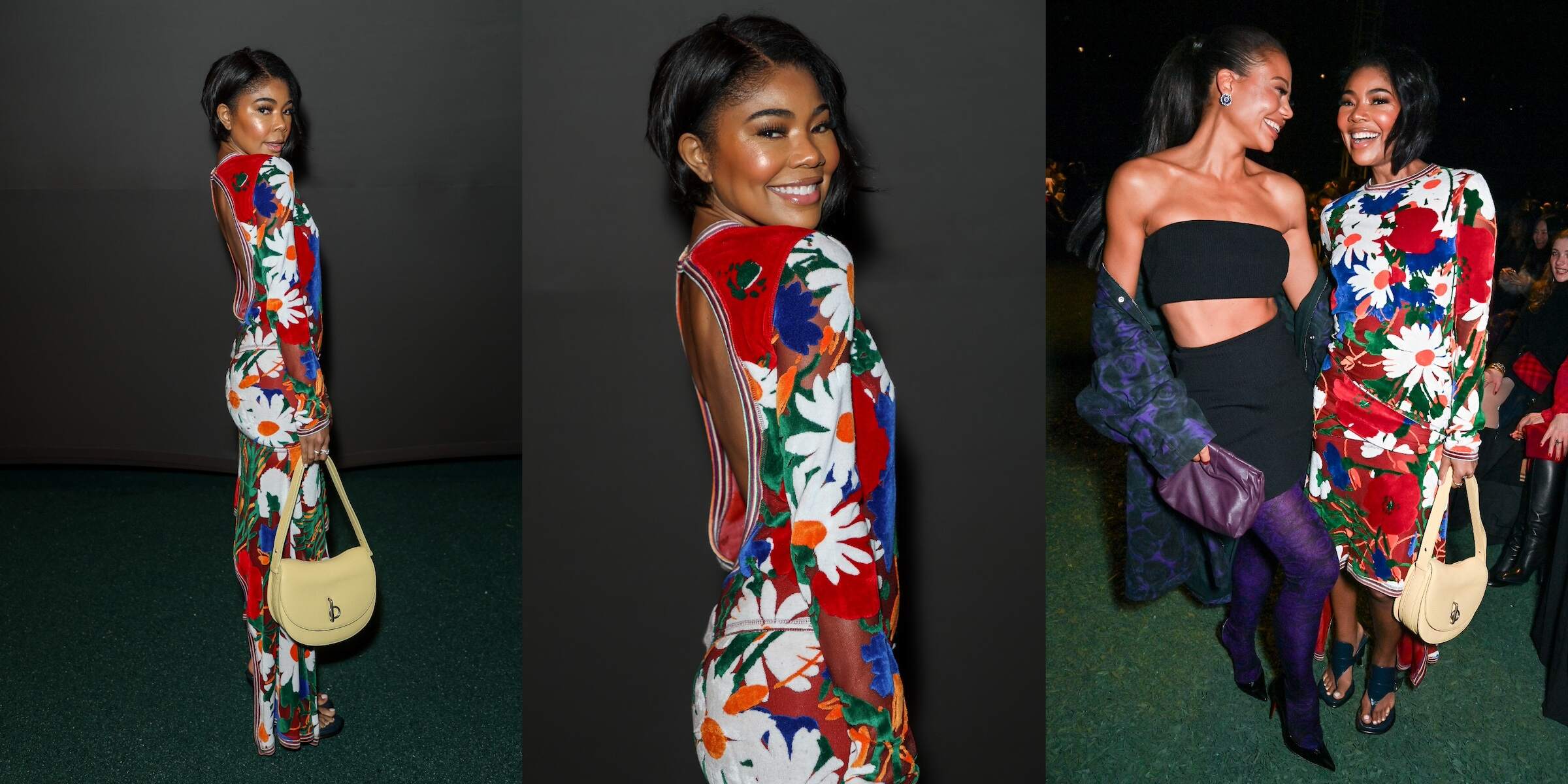 Marchioness of Bath Emma Weymouth and Gabrielle Union laugh together at the Burberry Winter 2024 show